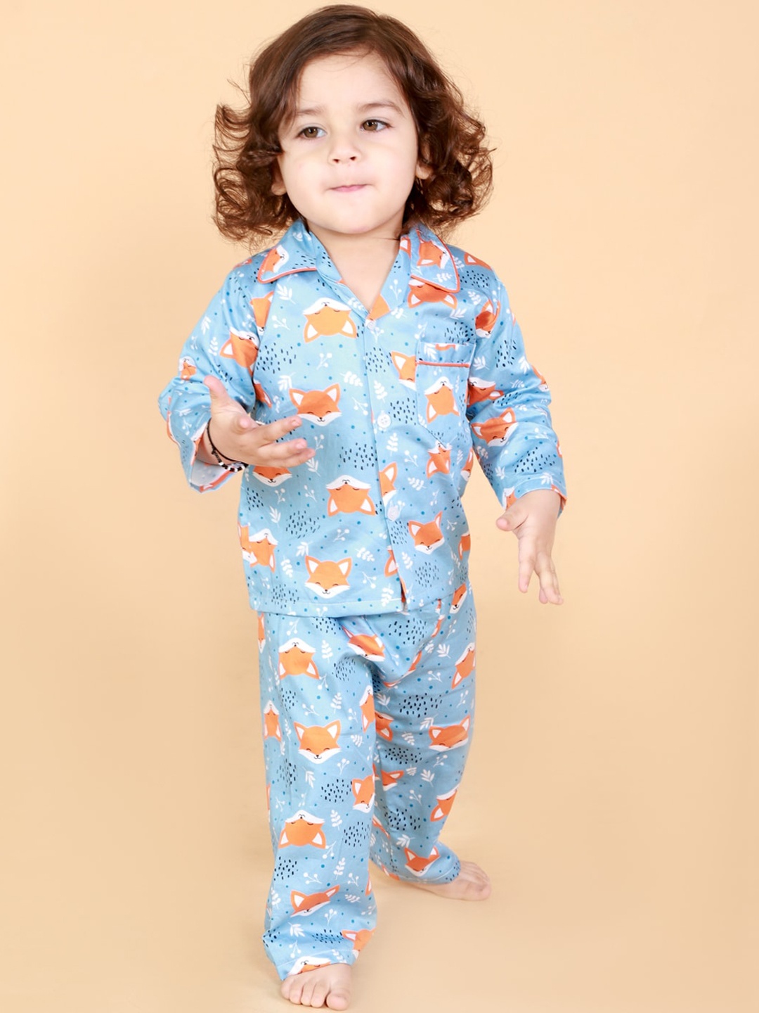 

KID1 Boys Blue & Rust Printed Pure Cotton Night suit