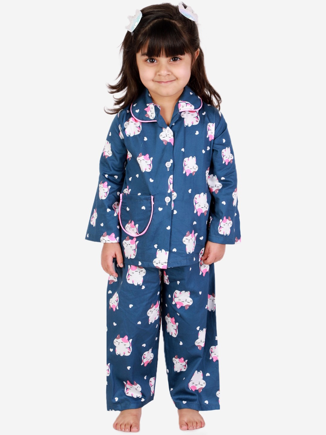

KID1 Girls Navy Blue & Pink Printed Pure Cotton Night suit