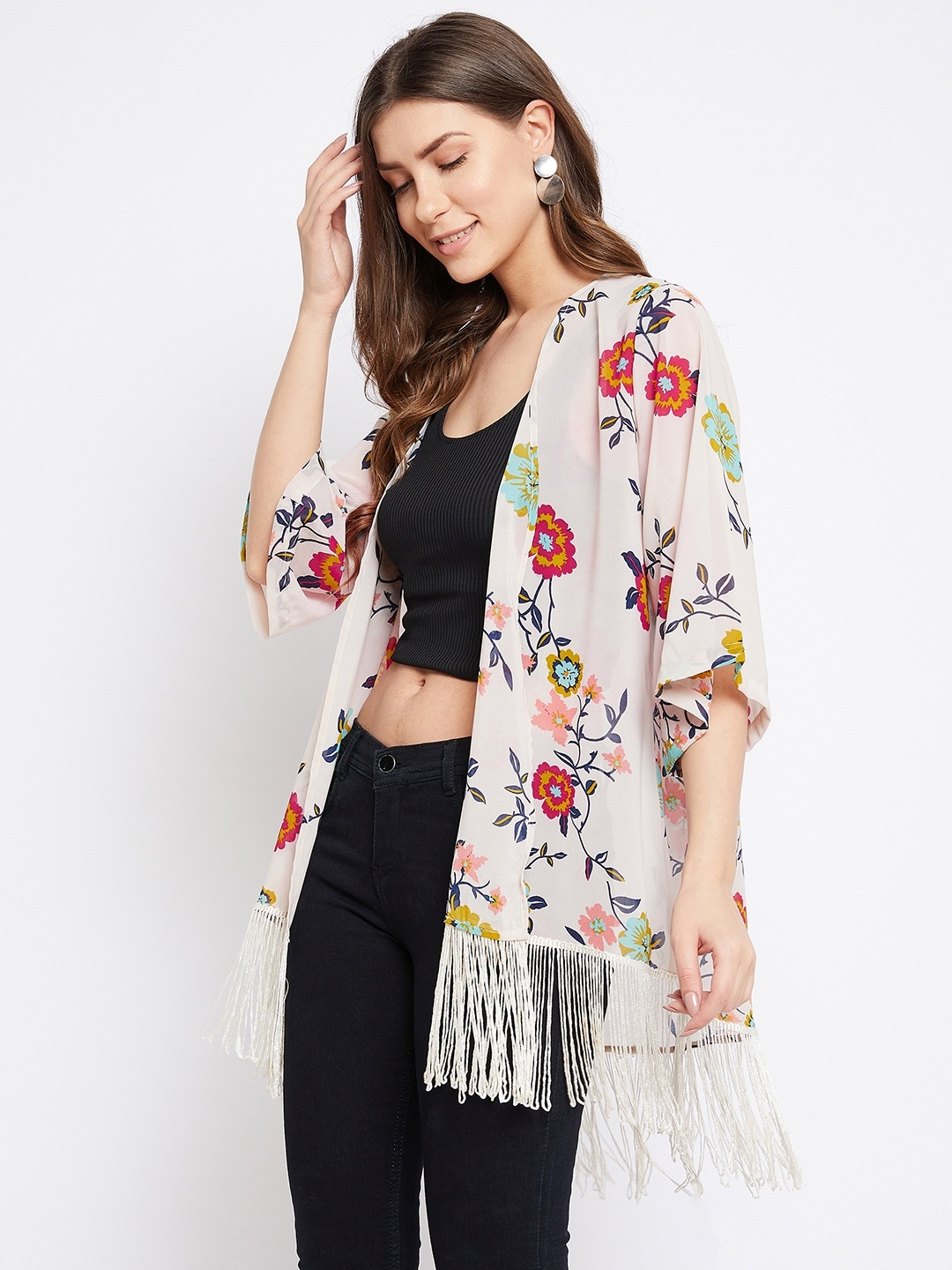 

PURYS Women Pink & Multicoloured Printed Front Open Tasselled Longline Shrug