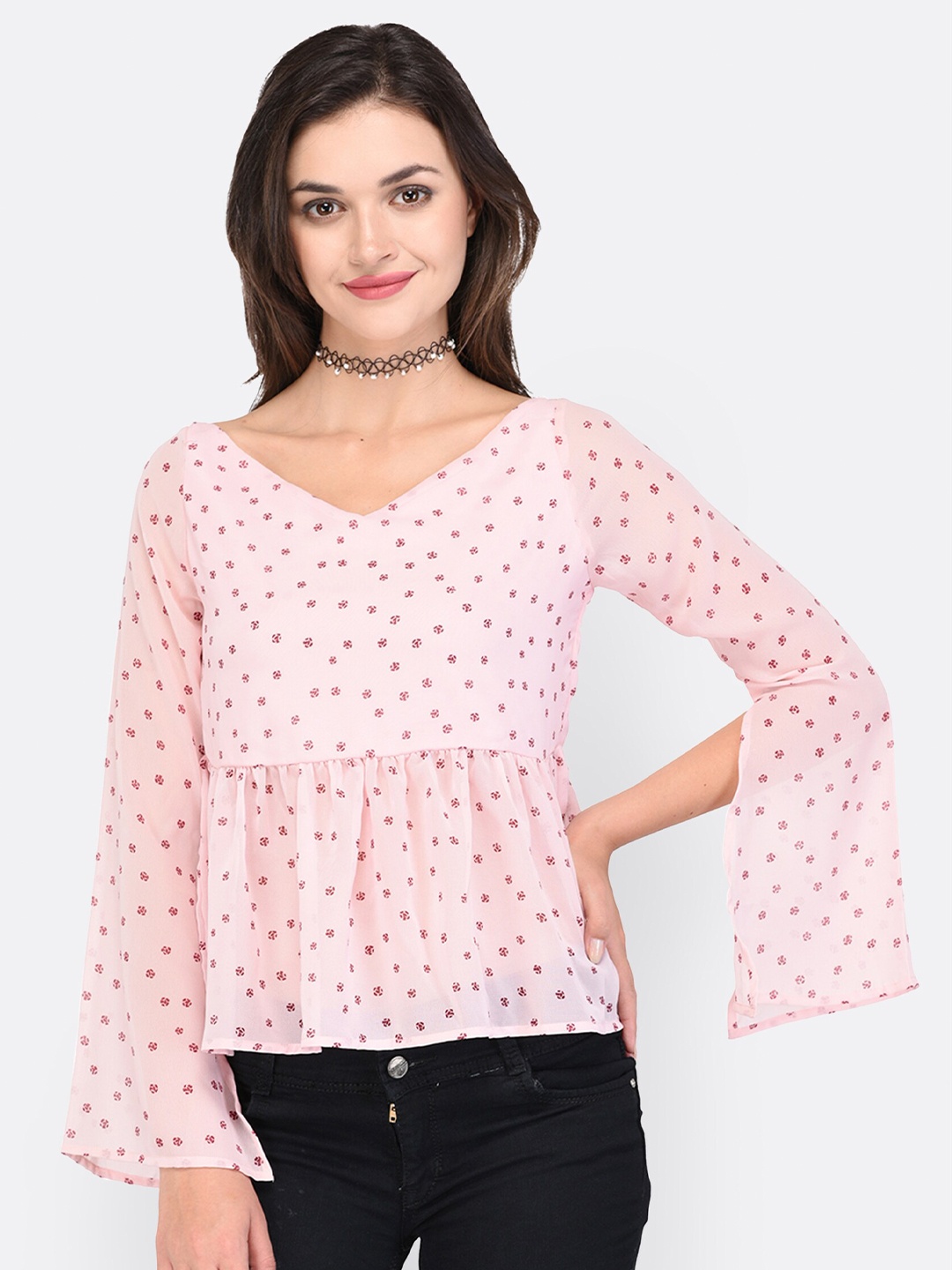 

PURYS Women Pink Floral Printed With Slit sleeves Top