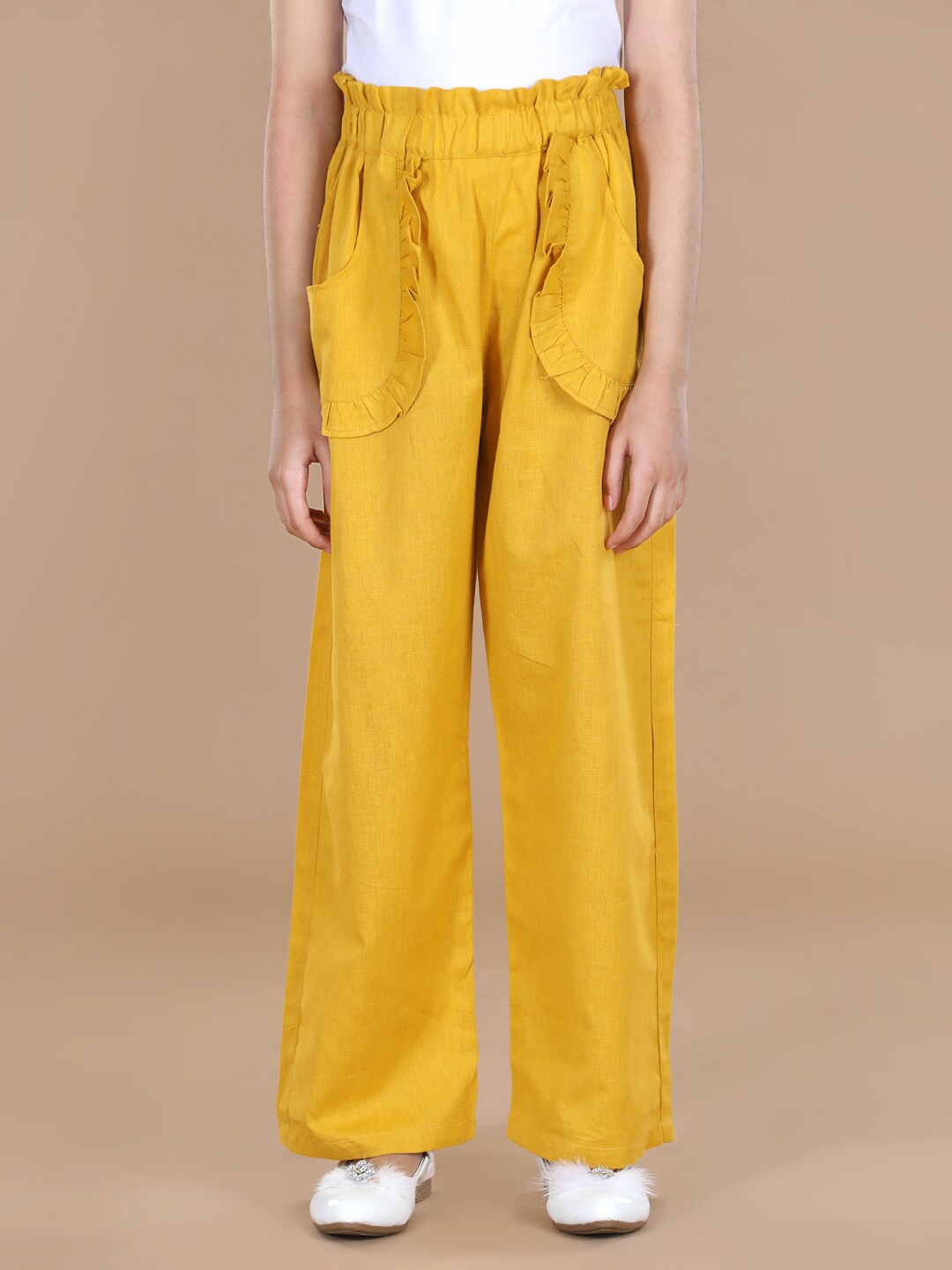 

Cutiekins Girls Mustard Yellow Solid Frilled Pocket Linen Straight Fit Palazzos