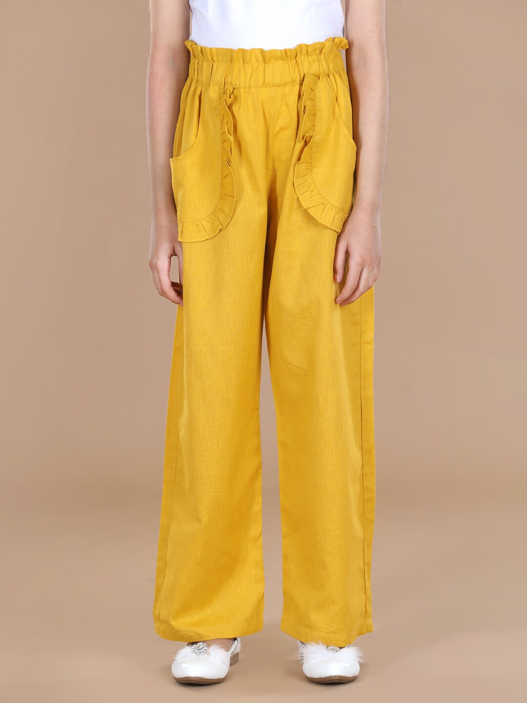 

Cutiekins Girls Mustard Yellow Solid Knitted Linen Palazzos