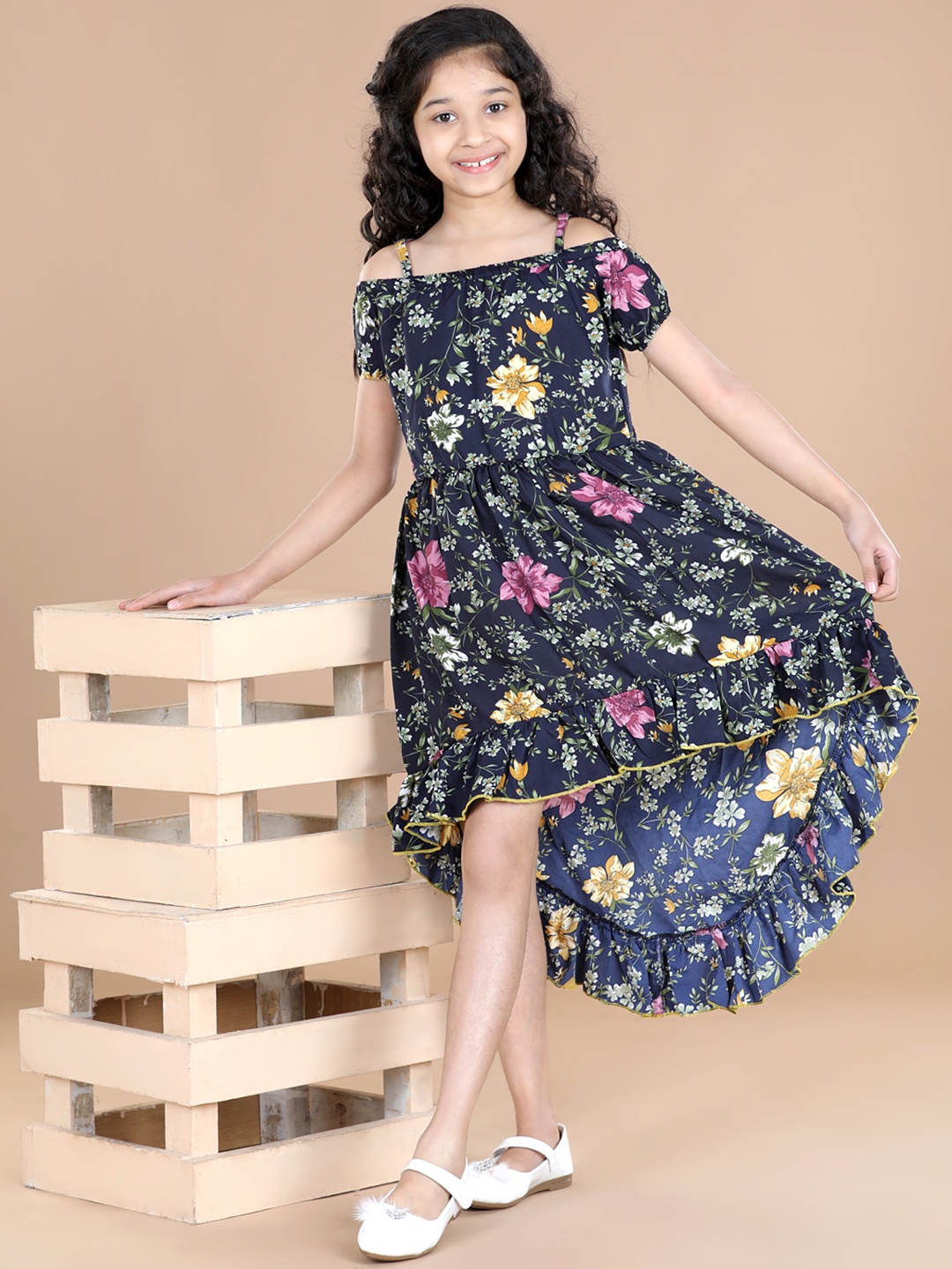 

Cutiekins Black Floral Off-Shoulder High Low Crepe Dress