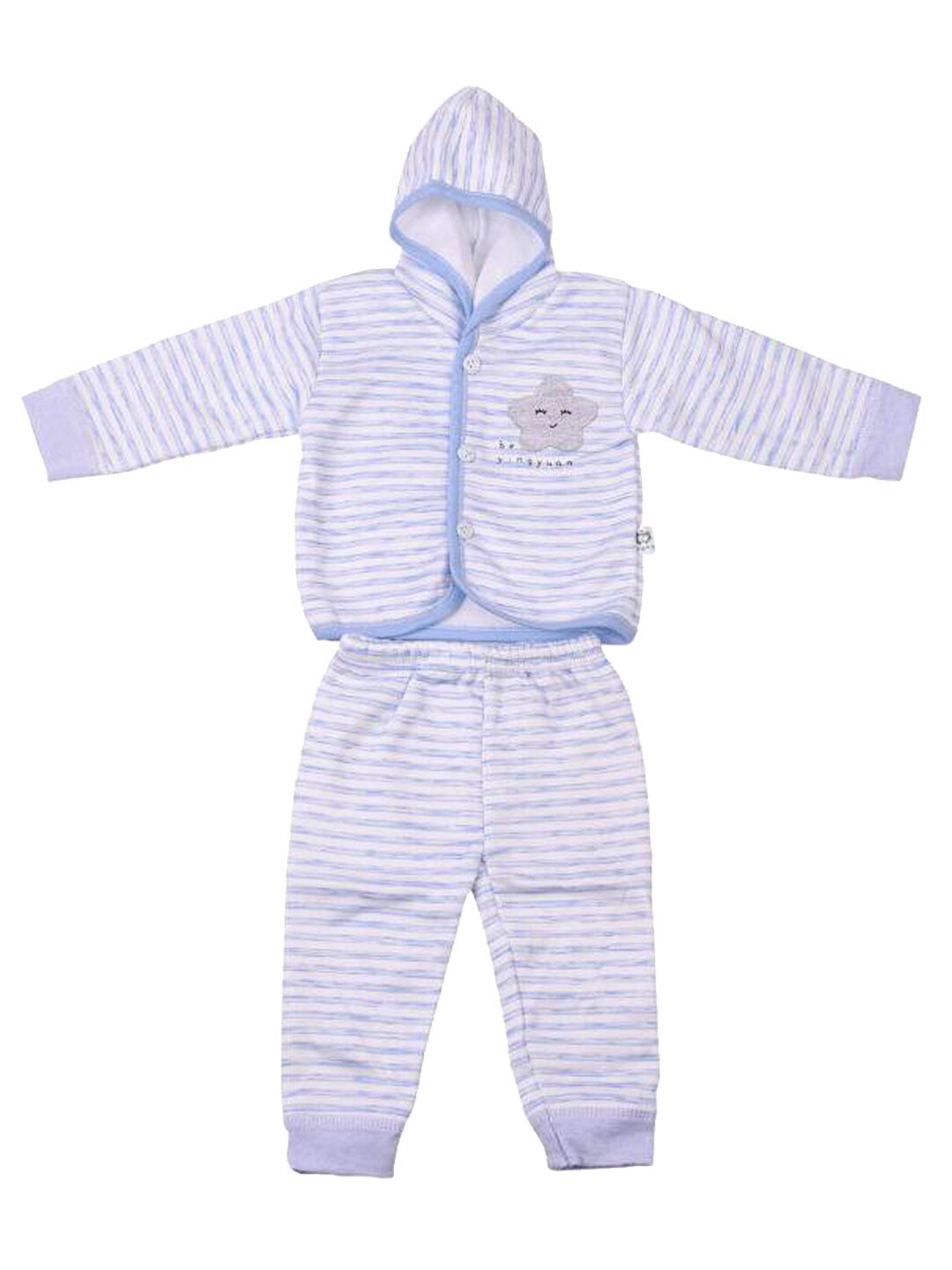 

Moms Home Unisex Blue Striped Hooded Organic Cotton Shirt & Pyjamas
