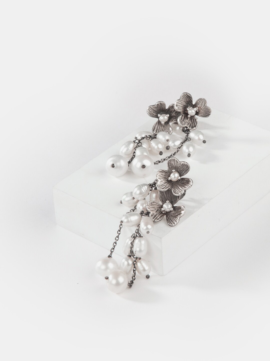 

SHAYA Silver-Toned & White Contemporary Drop Earrings