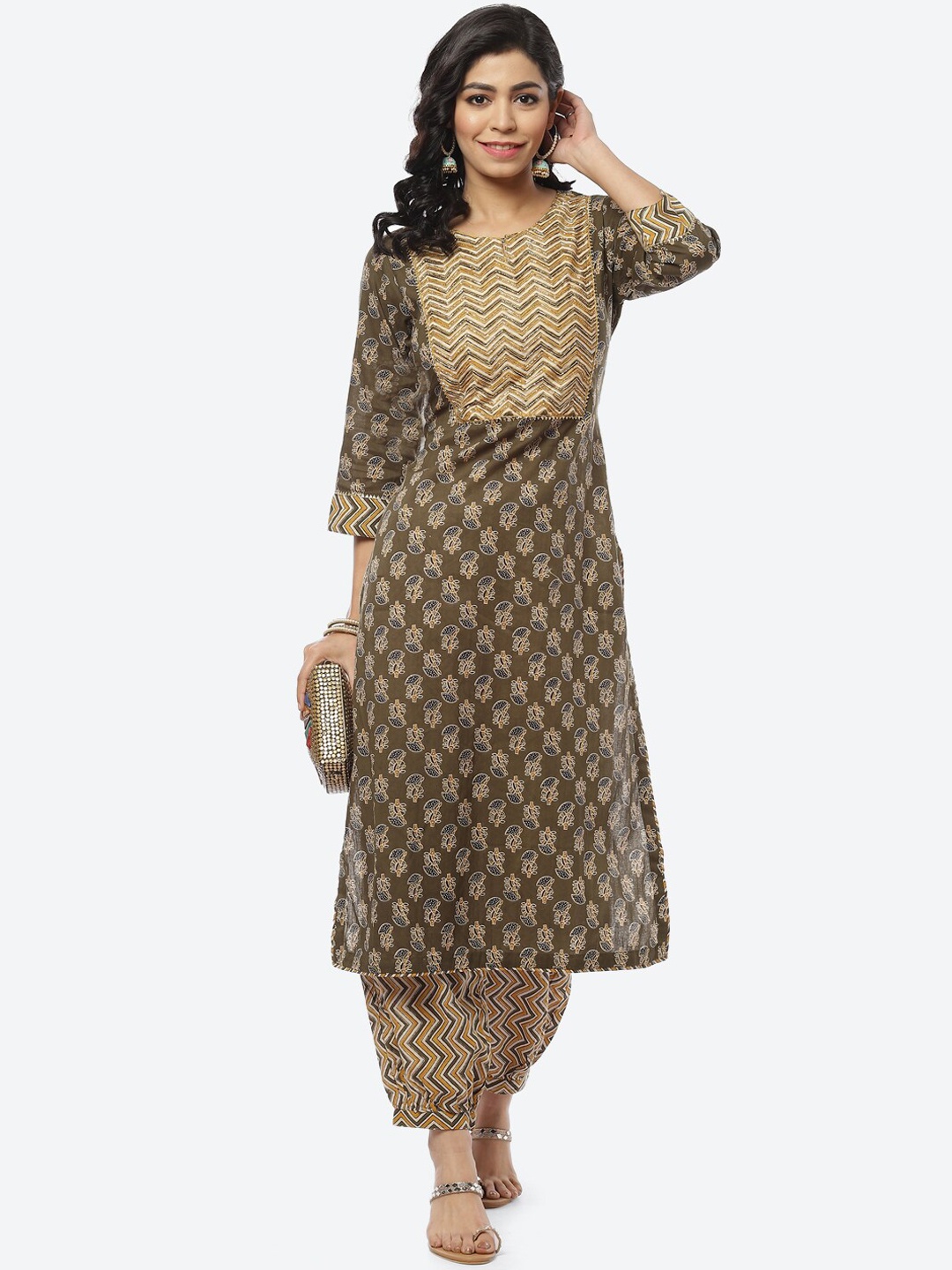 

Meena Bazaar Women Olive Green Ethnic Motifs Printed Pure Cotton Kurta with Trousers