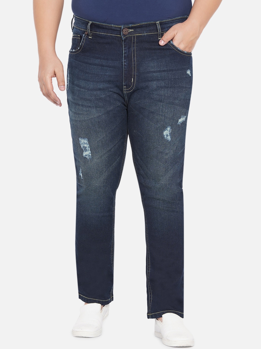 

John Pride Men Plus Size Blue Mildly Distressed Light Fade Stretchable Jeans
