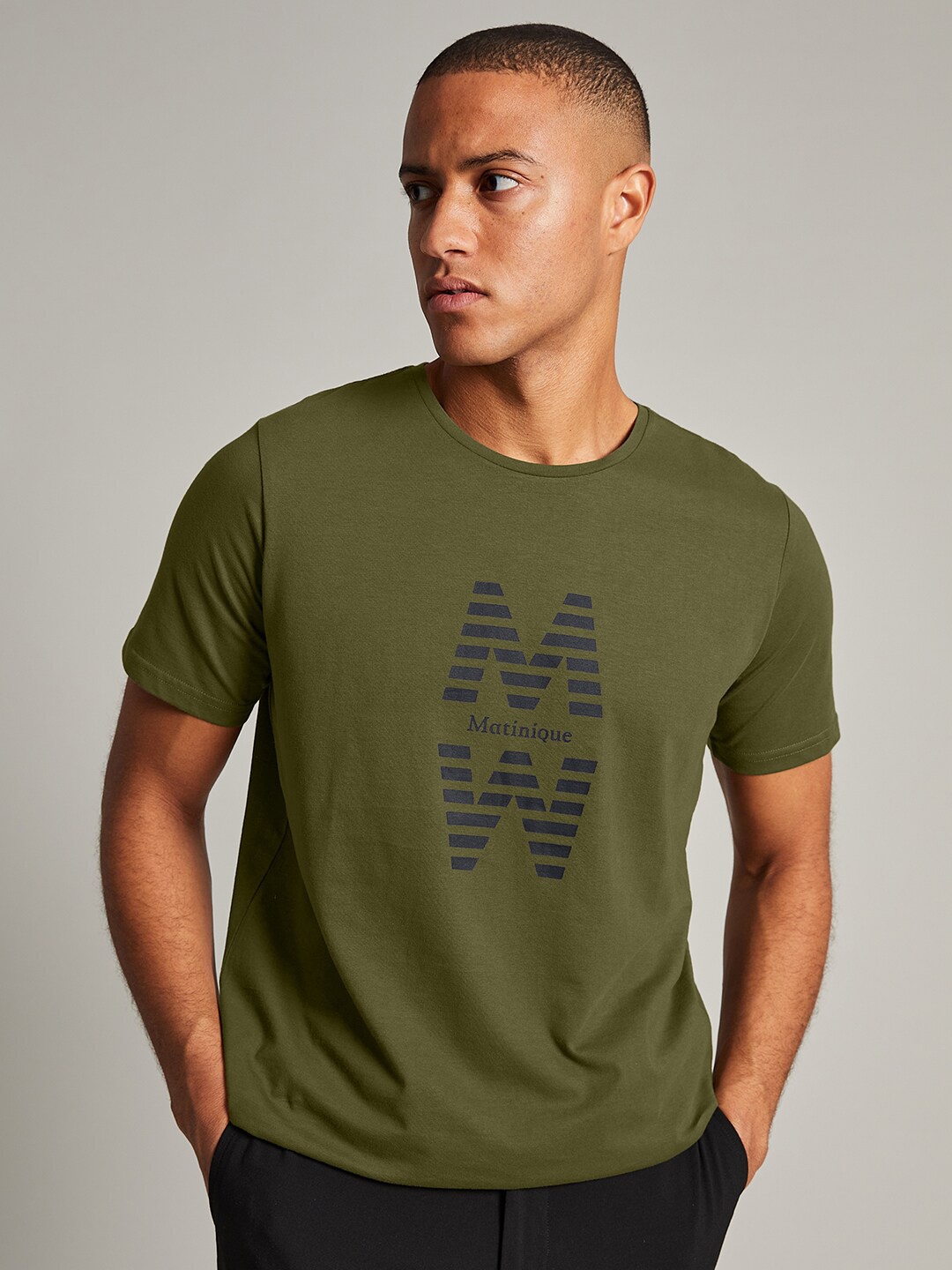 

Matinique Men Olive Green Typography Printed Cotton T-shirt