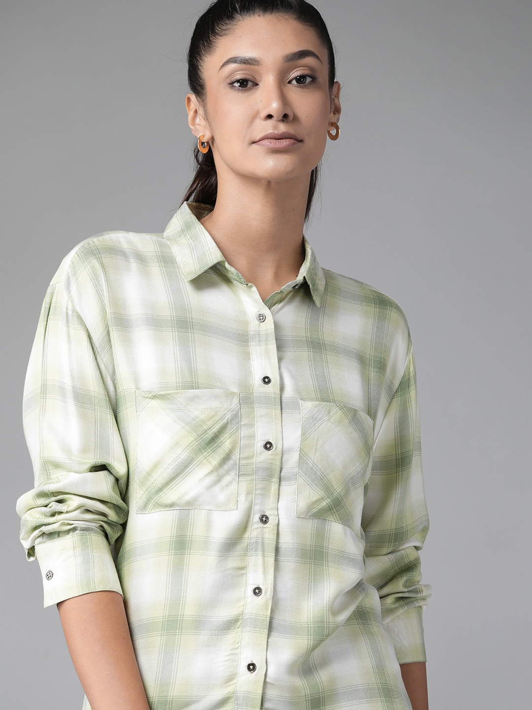 

Roadster Women Green Checked Casual Shirt