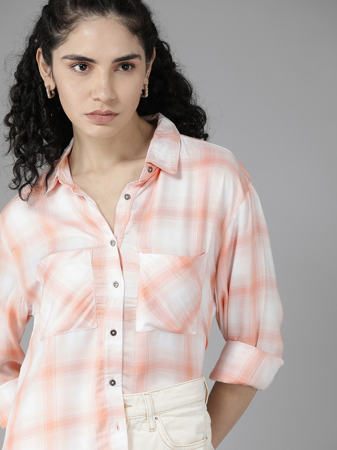 

Roadster Women Peach-Coloured Tartan Checked Casual Shirt