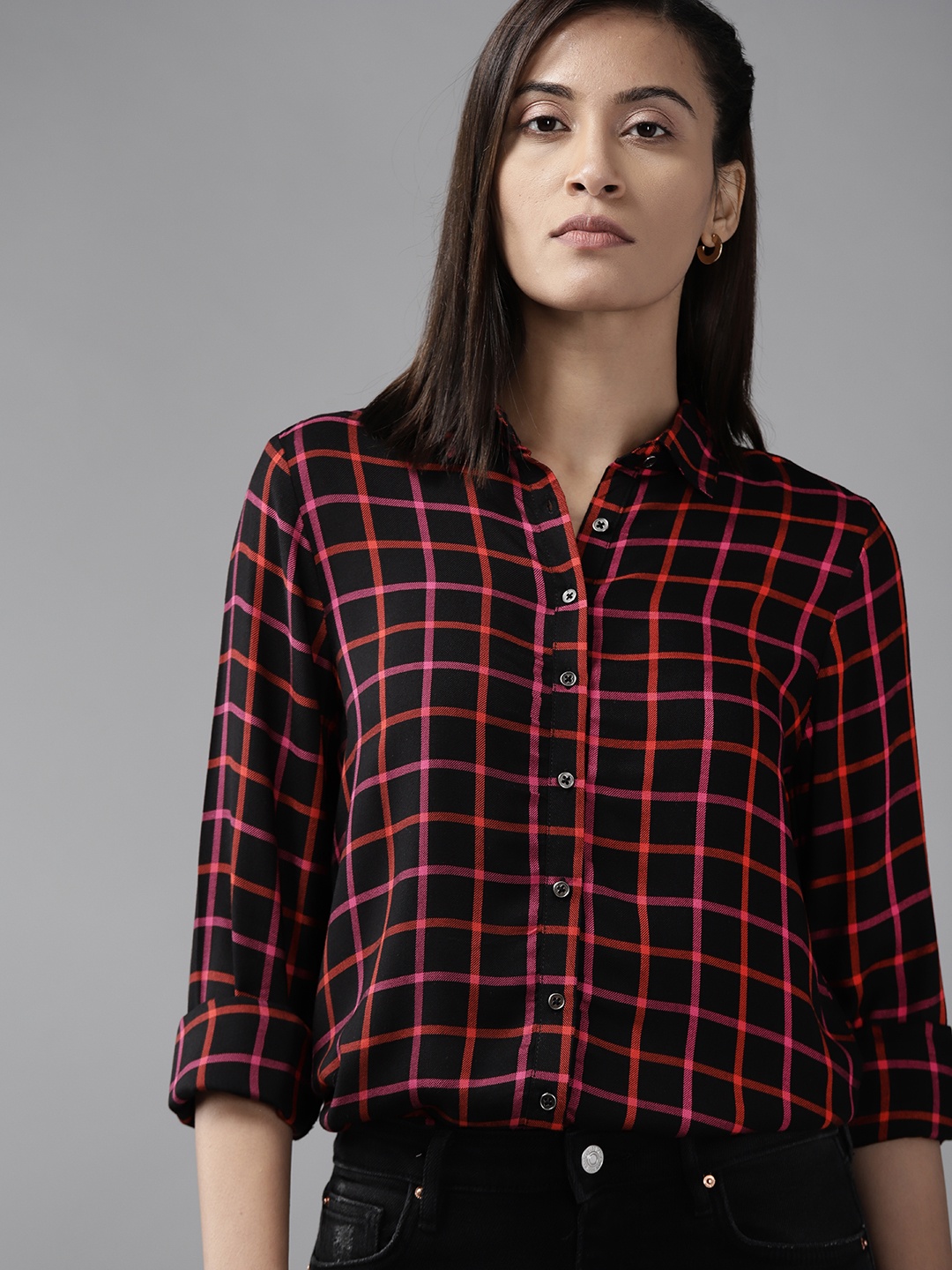 

Roadster Women Black Grid Tattersall Checks Checked Casual Shirt