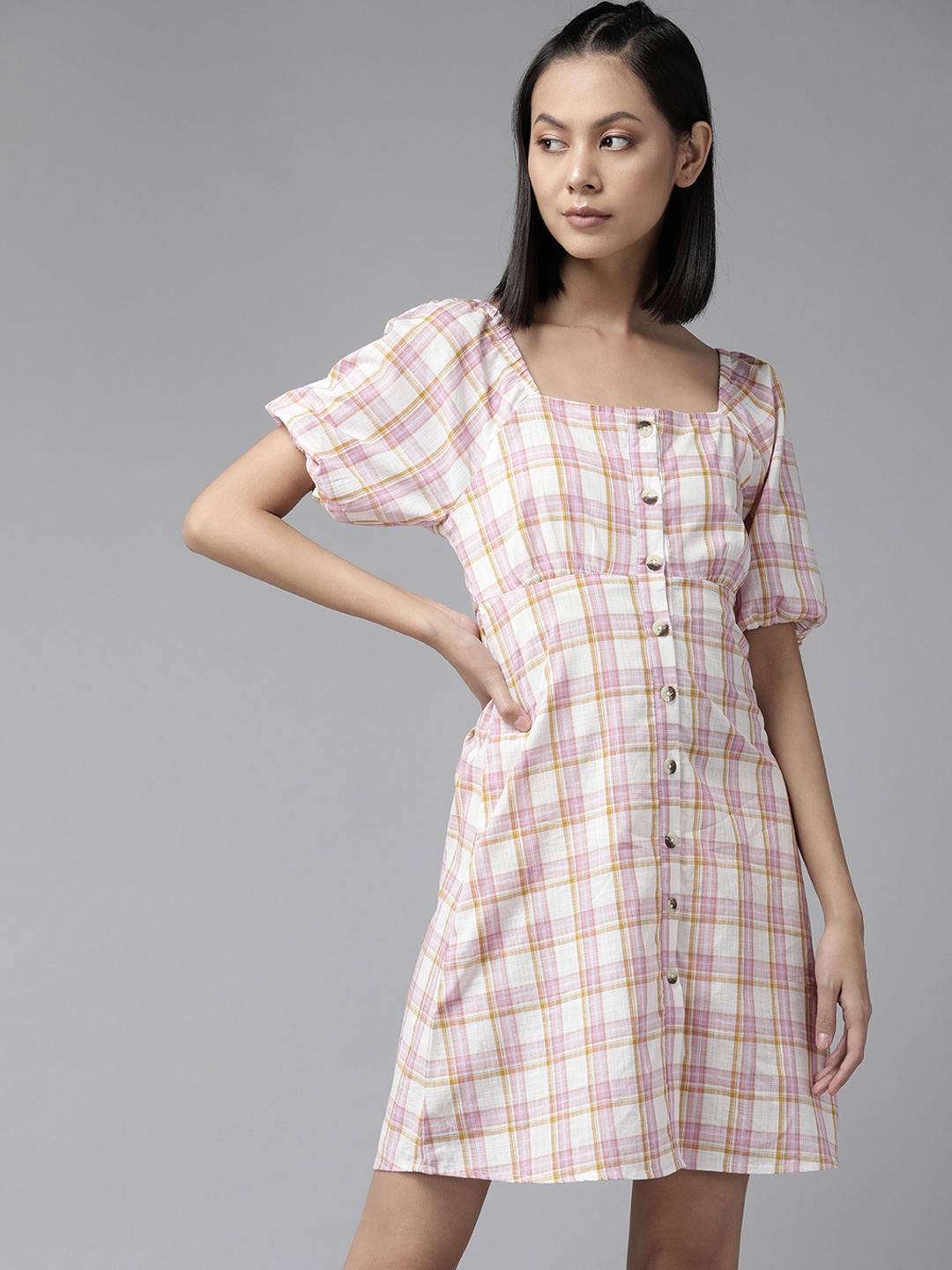 

The Roadster Lifestyle Co. White & Pink Pure Cotton Checked A-Line Dress