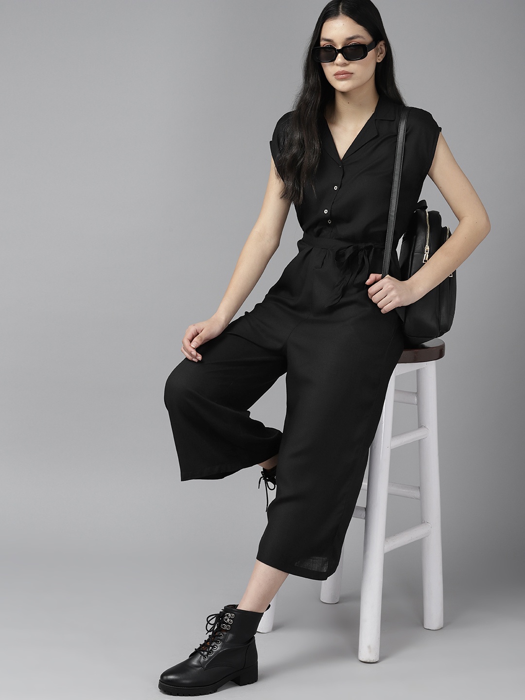 

The Roadster Lifestyle Co. Cuban Collar Waist Tie-Up Detail Jumpsuit, Black