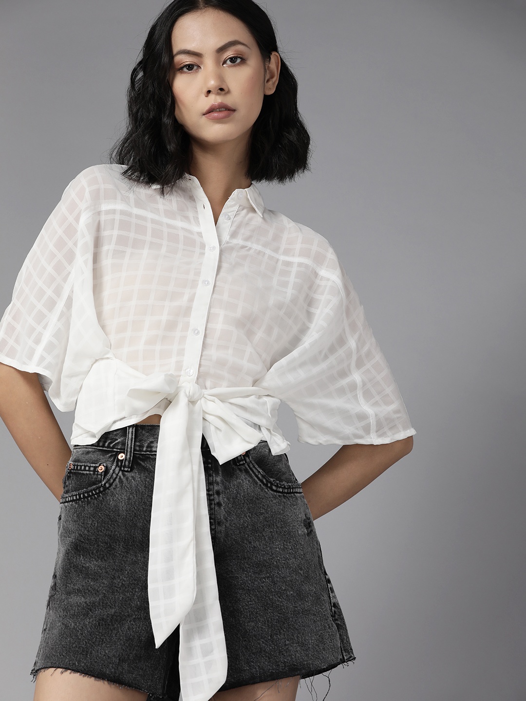 

The Roadster Lifestyle Co. Women White Self-Checked Semi Sheer Tie-Up Casual Shirt