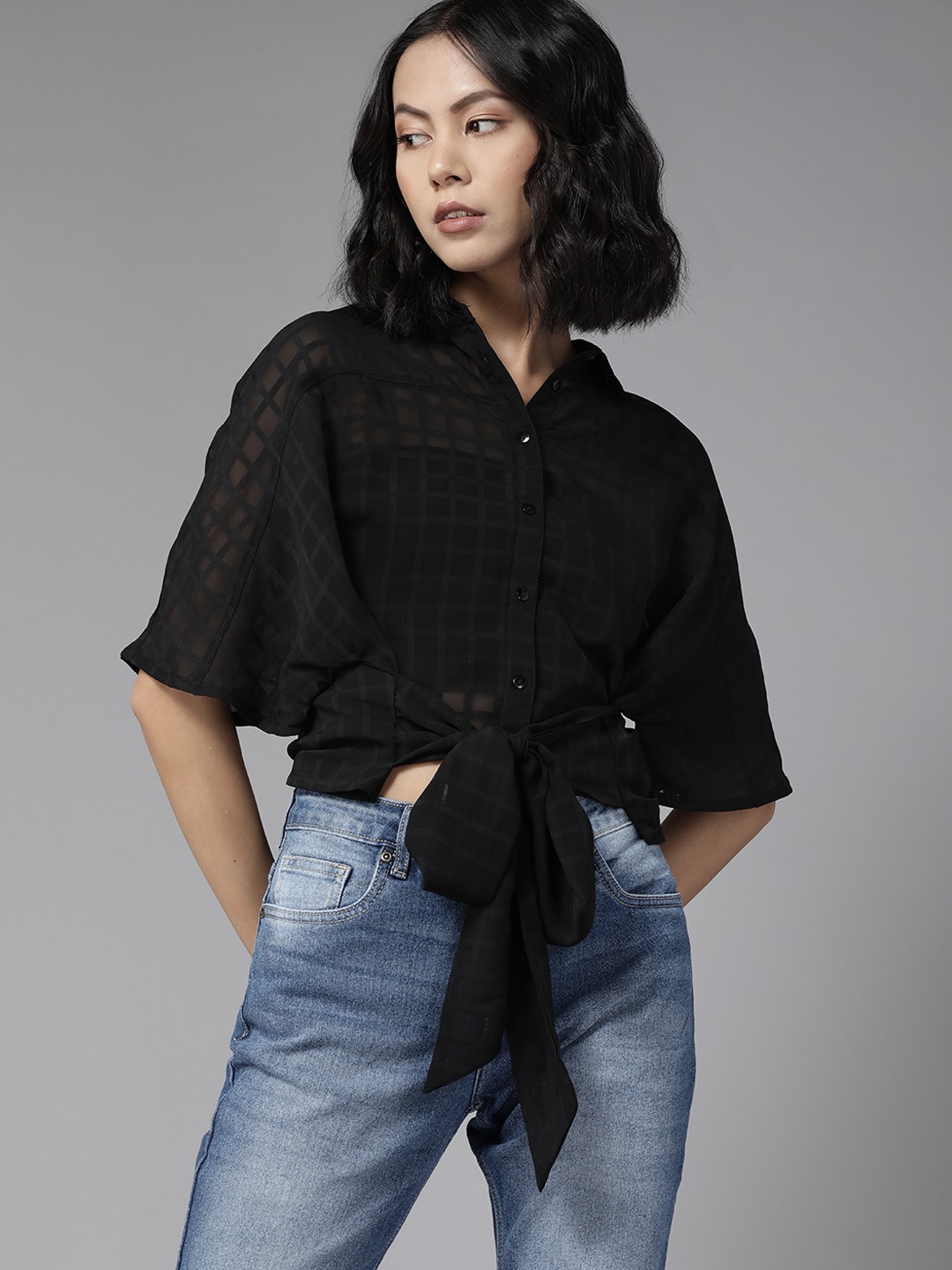 

The Roadster Lifestyle Co. Women Black Self-Checked Semi Sheer Tie-Up Casual Shirt