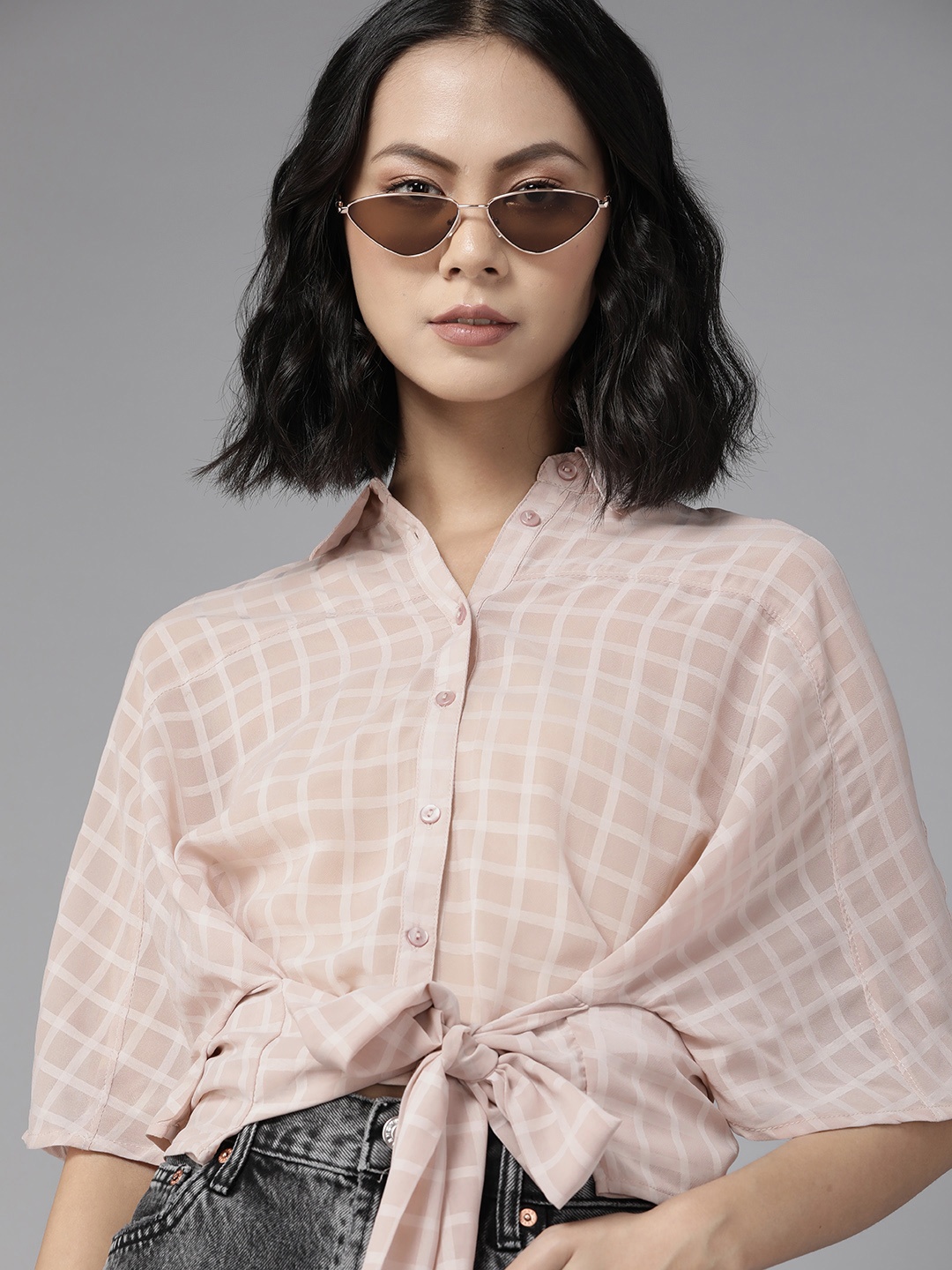 

The Roadster Lifestyle Co. Women Beige Self-Checked Semi Sheer Tie-Up Casual Shirt