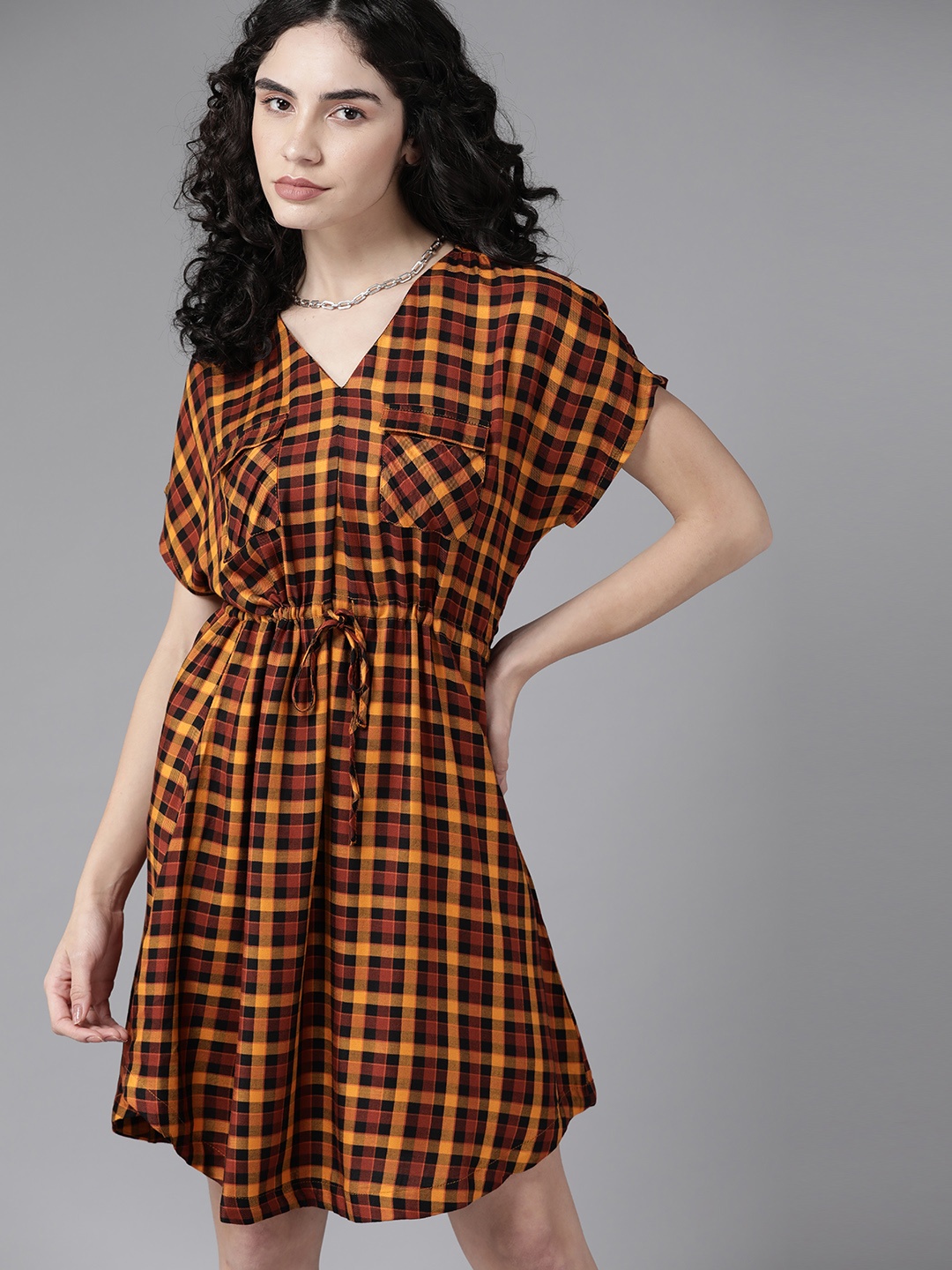 

Roadster Orange & Black Checked Shirt Dress