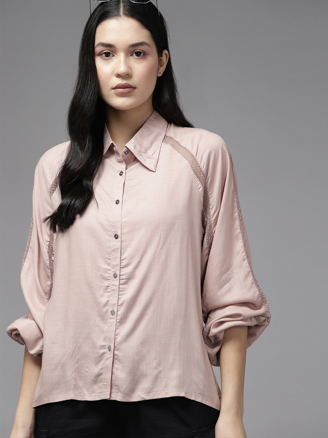 

Roadster Women Lace Insert Detail Casual Shirt, Pink