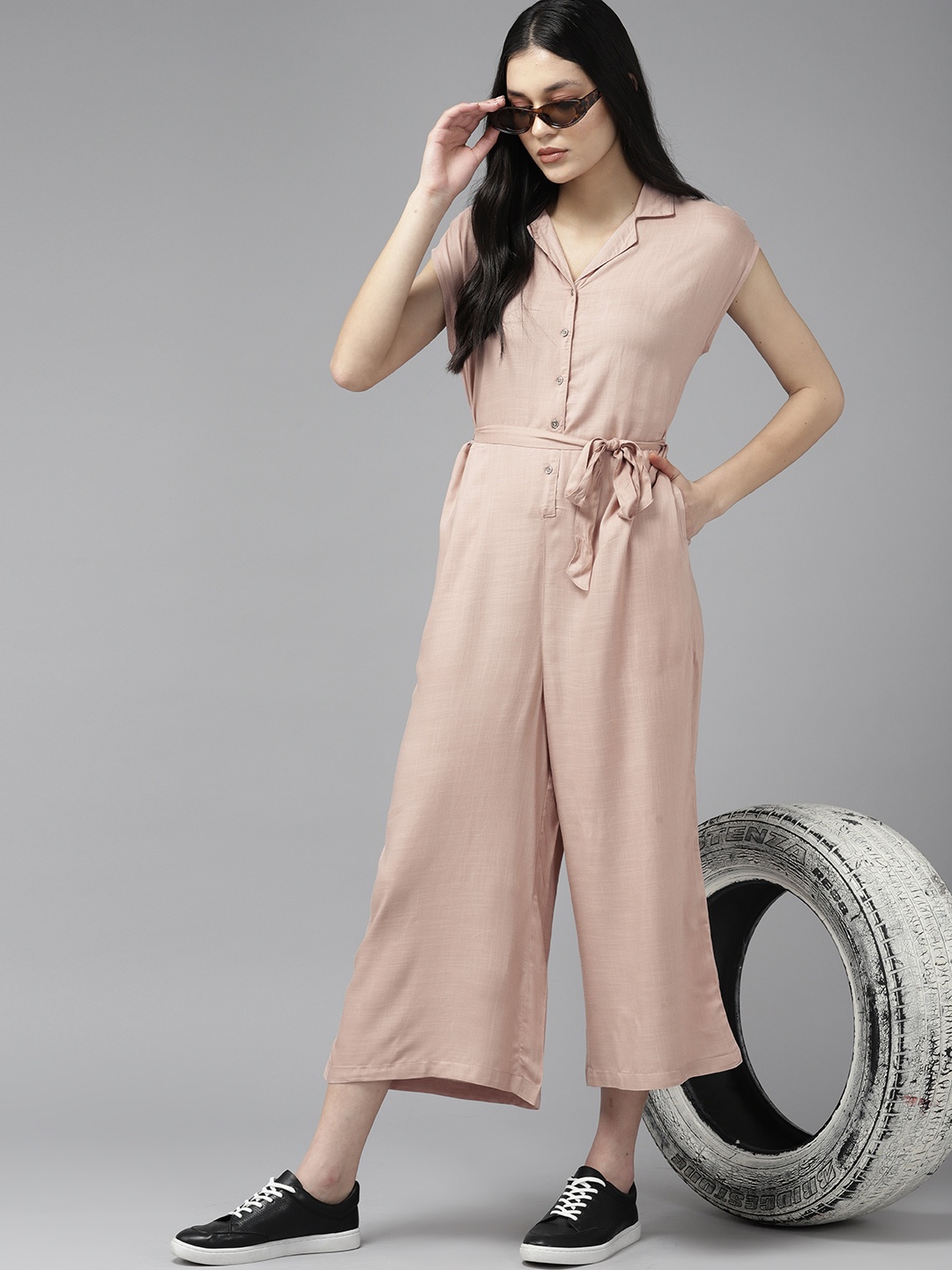 

The Roadster Lifestyle Co. Cuban Collar Waist Tie-Up Detail Jumpsuit, Rose