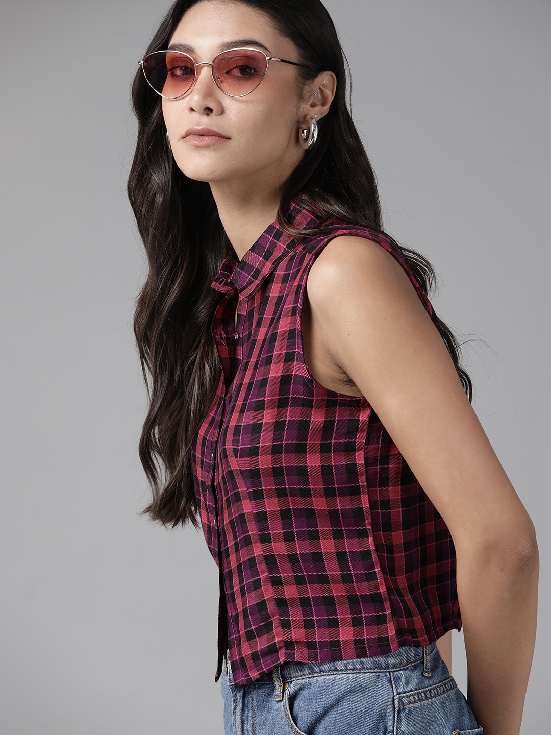 

Roadster Women Pink & Black Tartan Checked Casual Shirt