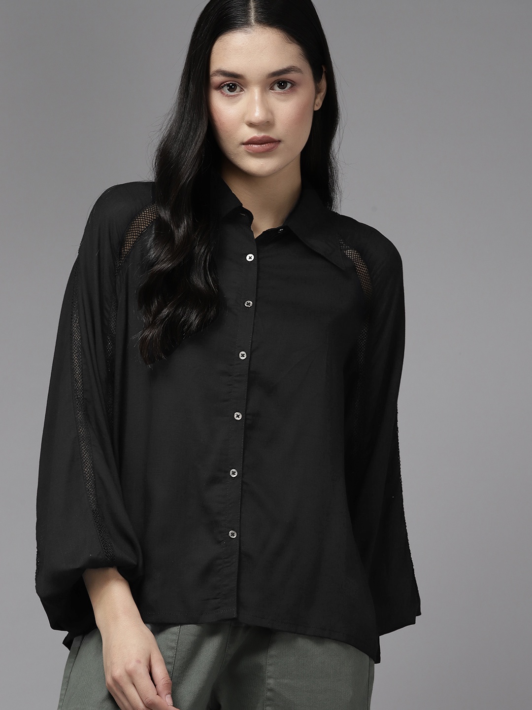 

Roadster Women Lace Insert Detail Casual Shirt, Black