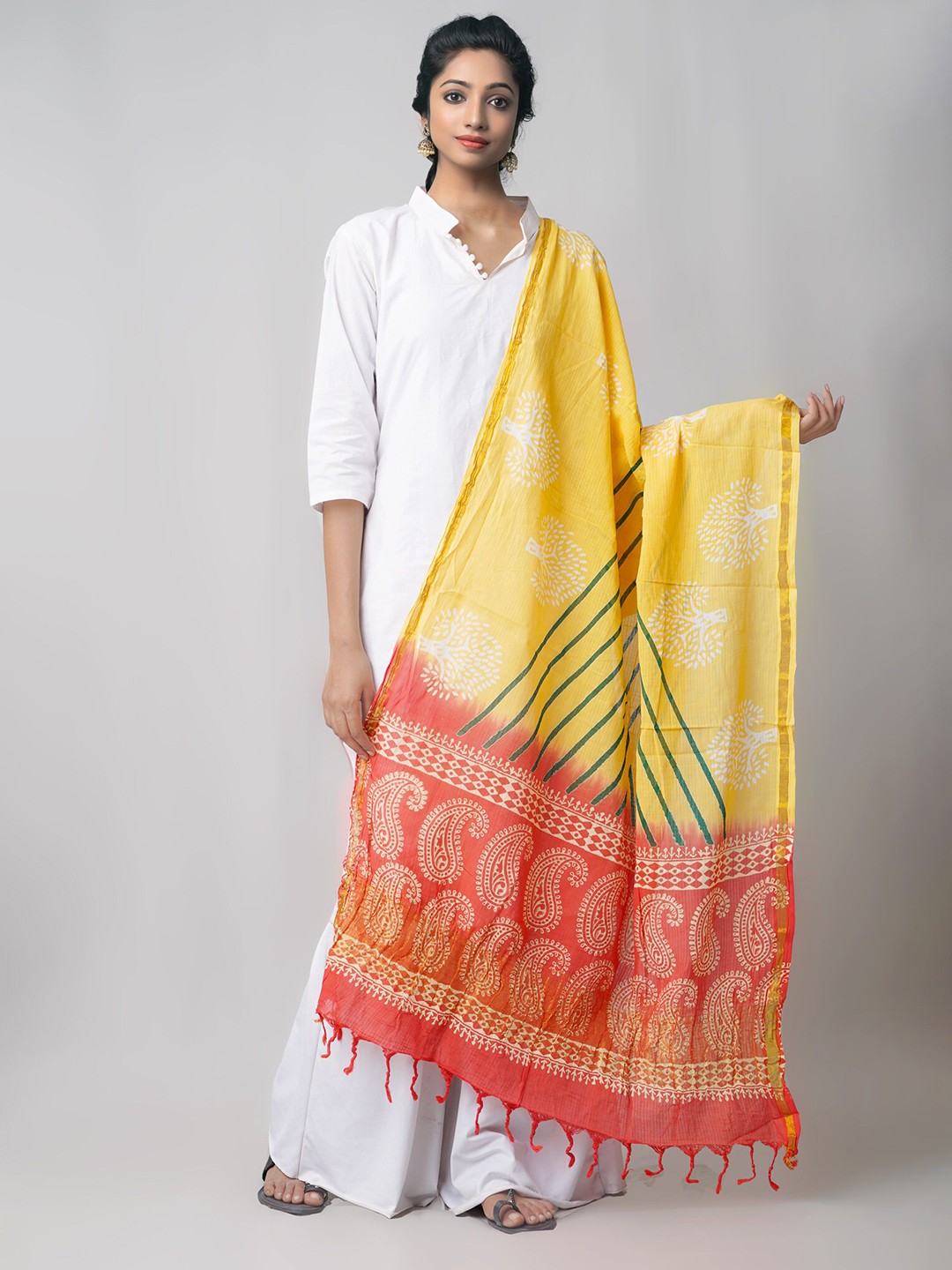 

Unnati Silks Yellow & Red Ethnic Motifs Hand Block Printed Dupatta