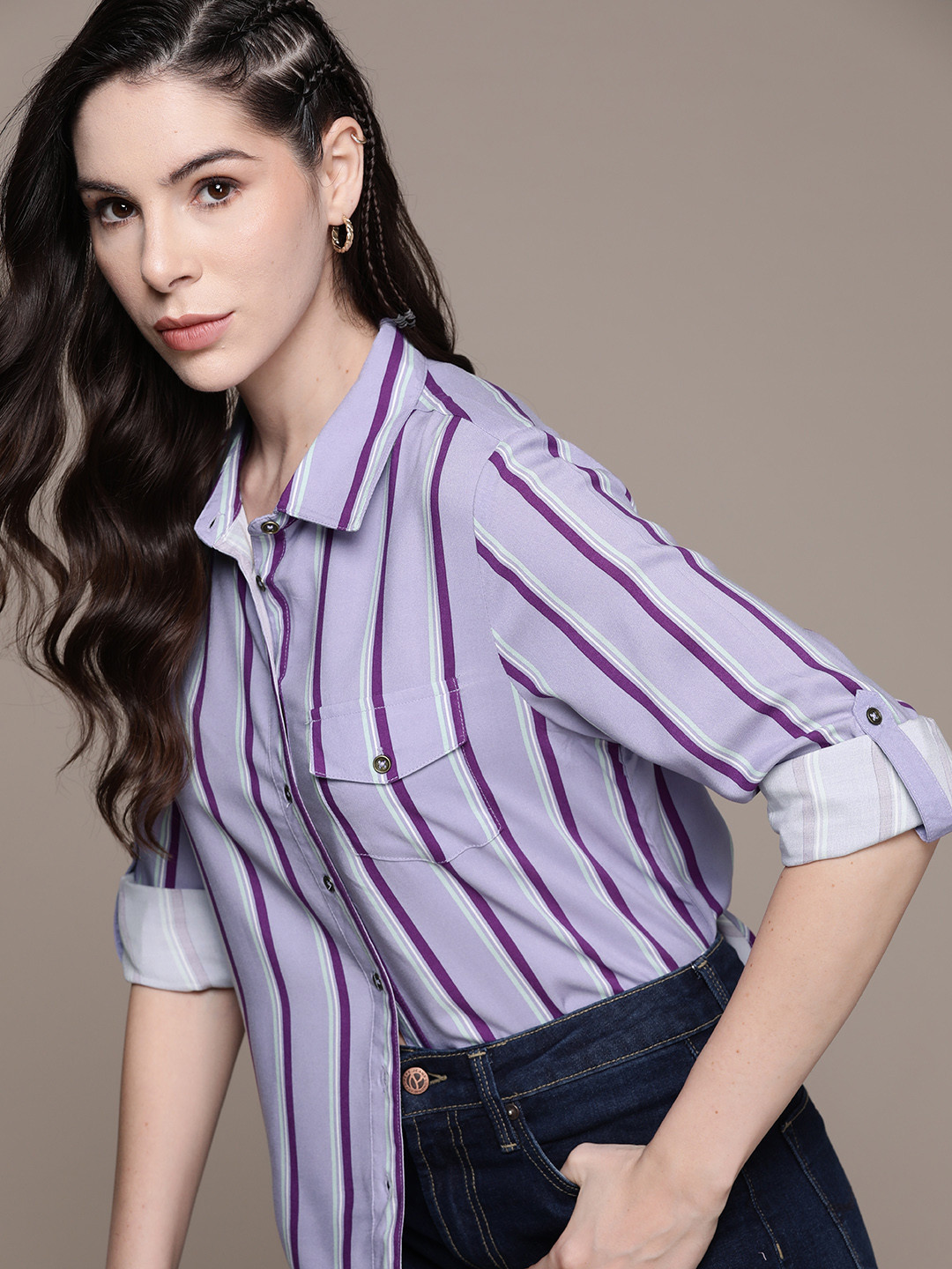 

The Roadster Lifestyle Co. Striped Flap Pocket Detailed High-Low Hem Casual Shirt, Purple