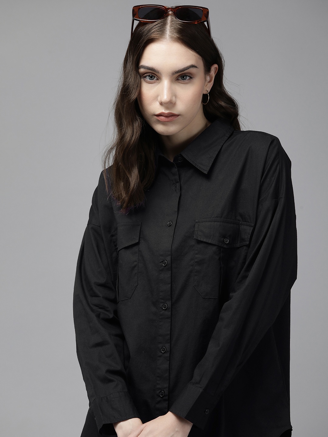 

The Roadster Life Co. Solid Pure Cotton Oversized Longline Casual Shirt, Black