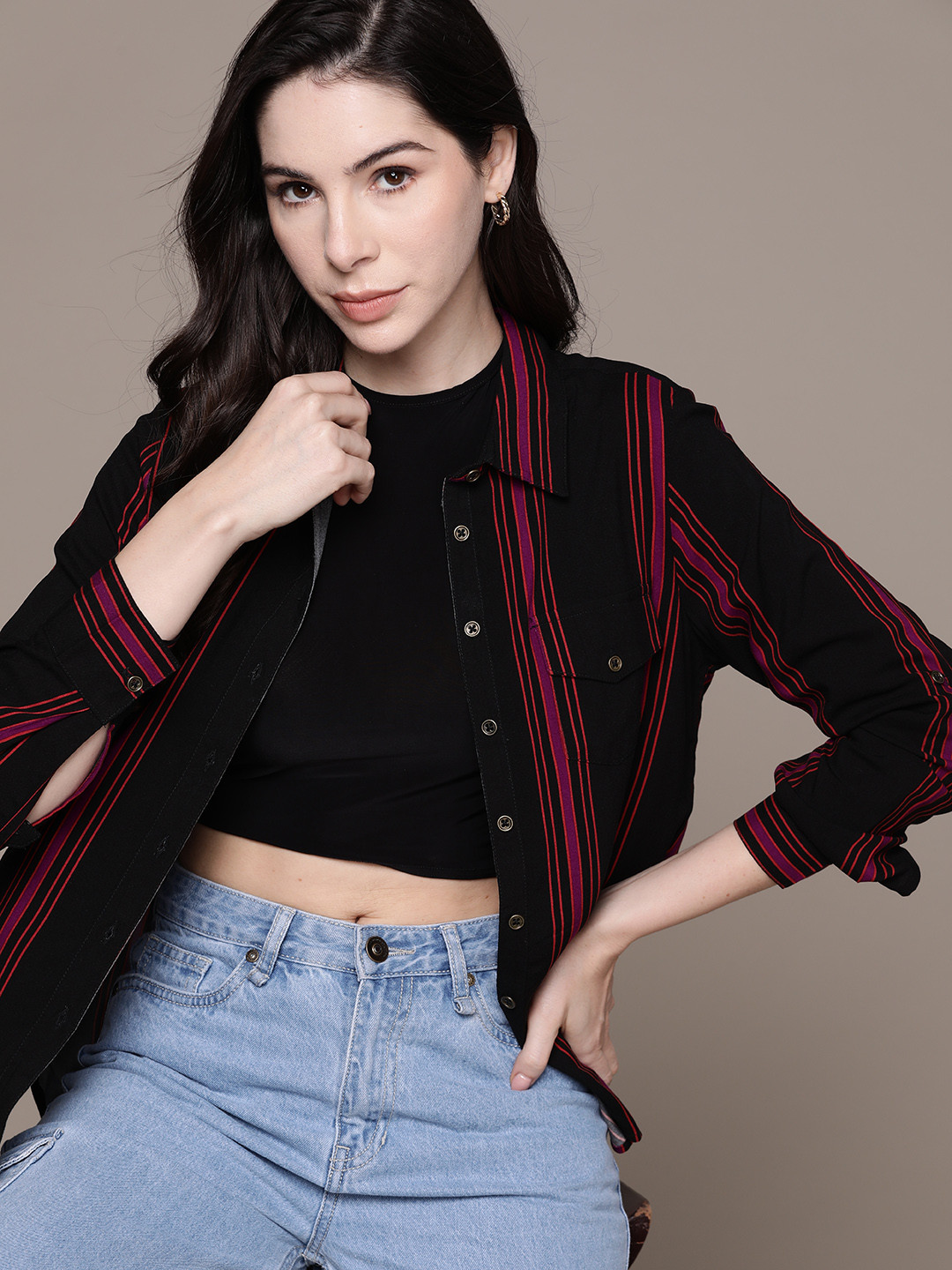 

The Roadster Lifestyle Co. Striped Flap Pocket Detailed High-Low Hem Casual Shirt, Black
