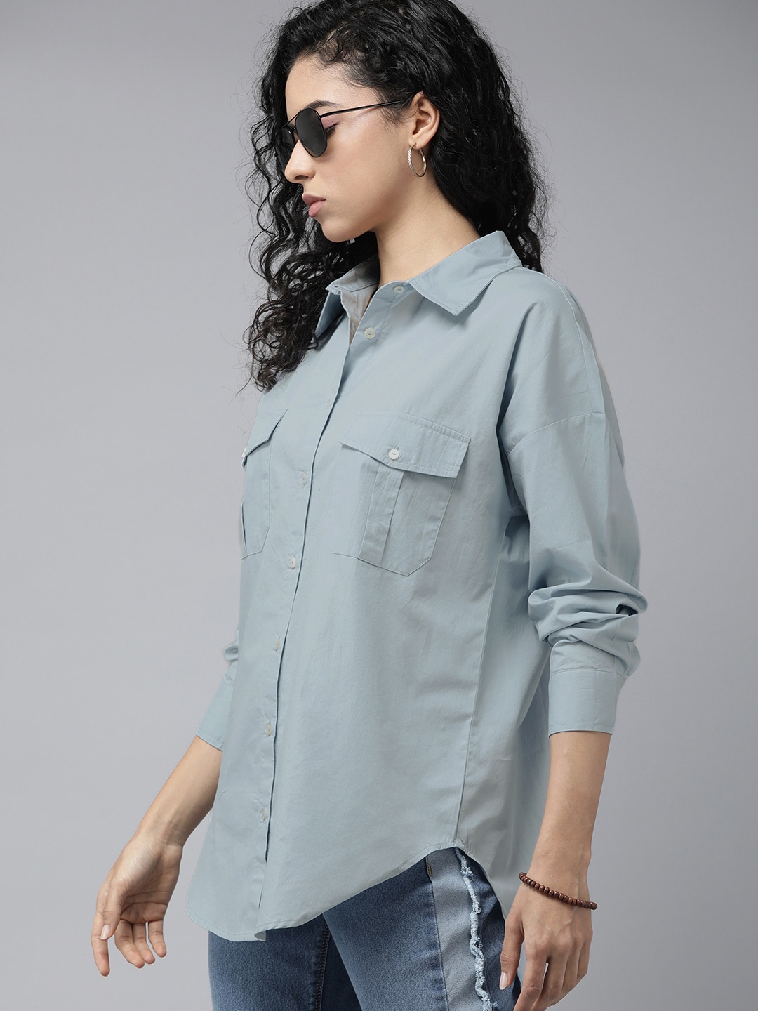 

The Roadster Lifestyle CO. Pure Cotton Oversized Longline Casual Shirt, Blue