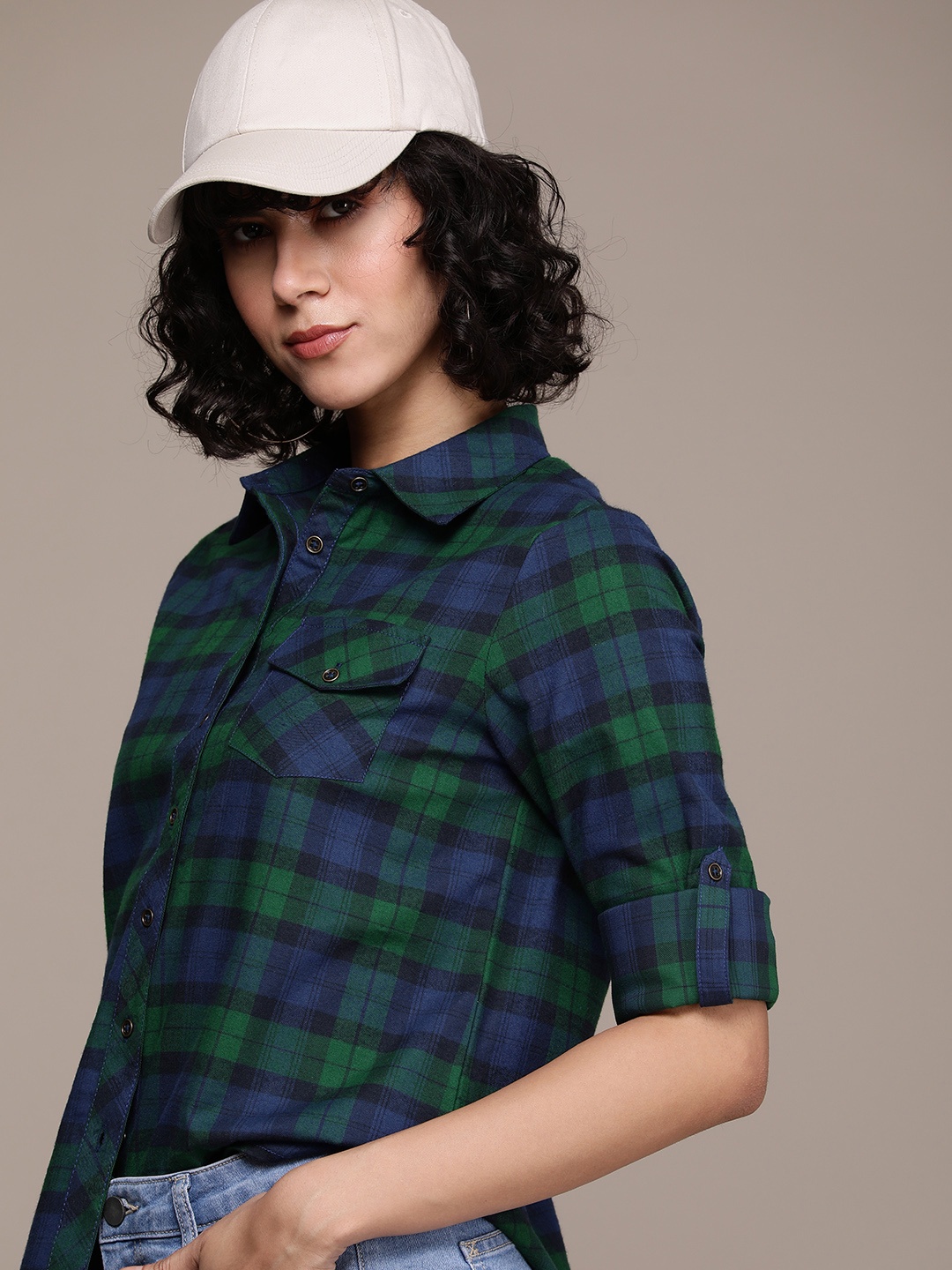 

The Roadster Lifestyle Co. Women Pure Cotton Oversized Tartan Checks Casual Shirt, Navy blue