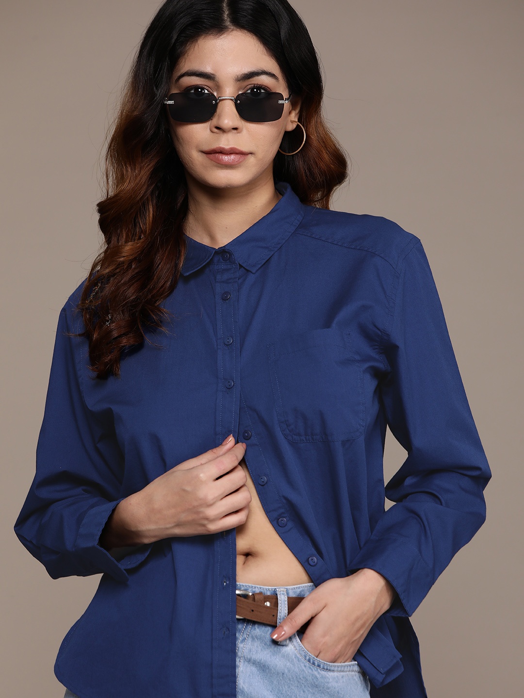 

The Roadster Lifestyle Co. Pure Cotton High-Low Hem Shirt, Navy blue