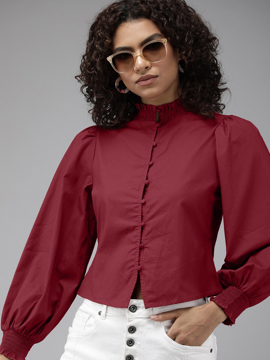 

The Roadster Life Co. Women Pure Cotton Casual Crop Shirt, Maroon