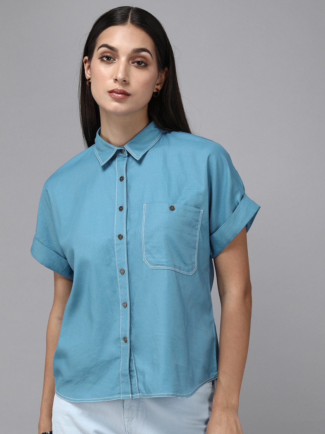 

Roadster Women Turquoise Blue Pure Cotton Solid Casual Shirt