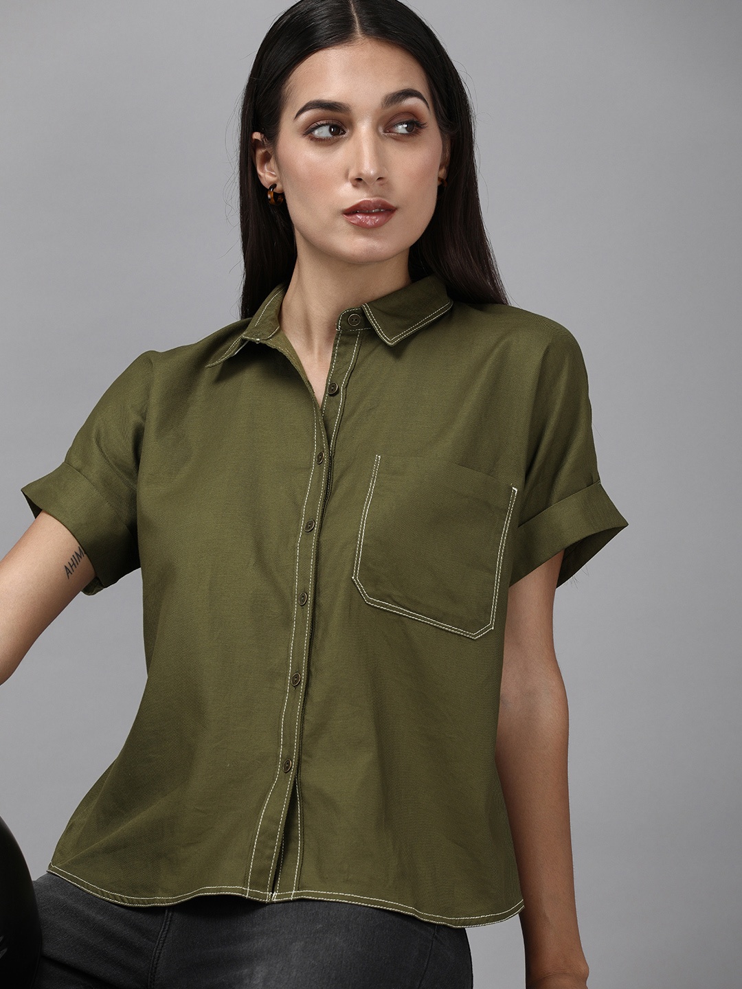 

The Roadster Lifestyle Co. Women Green Pure Cotton Solid Casual Shirt