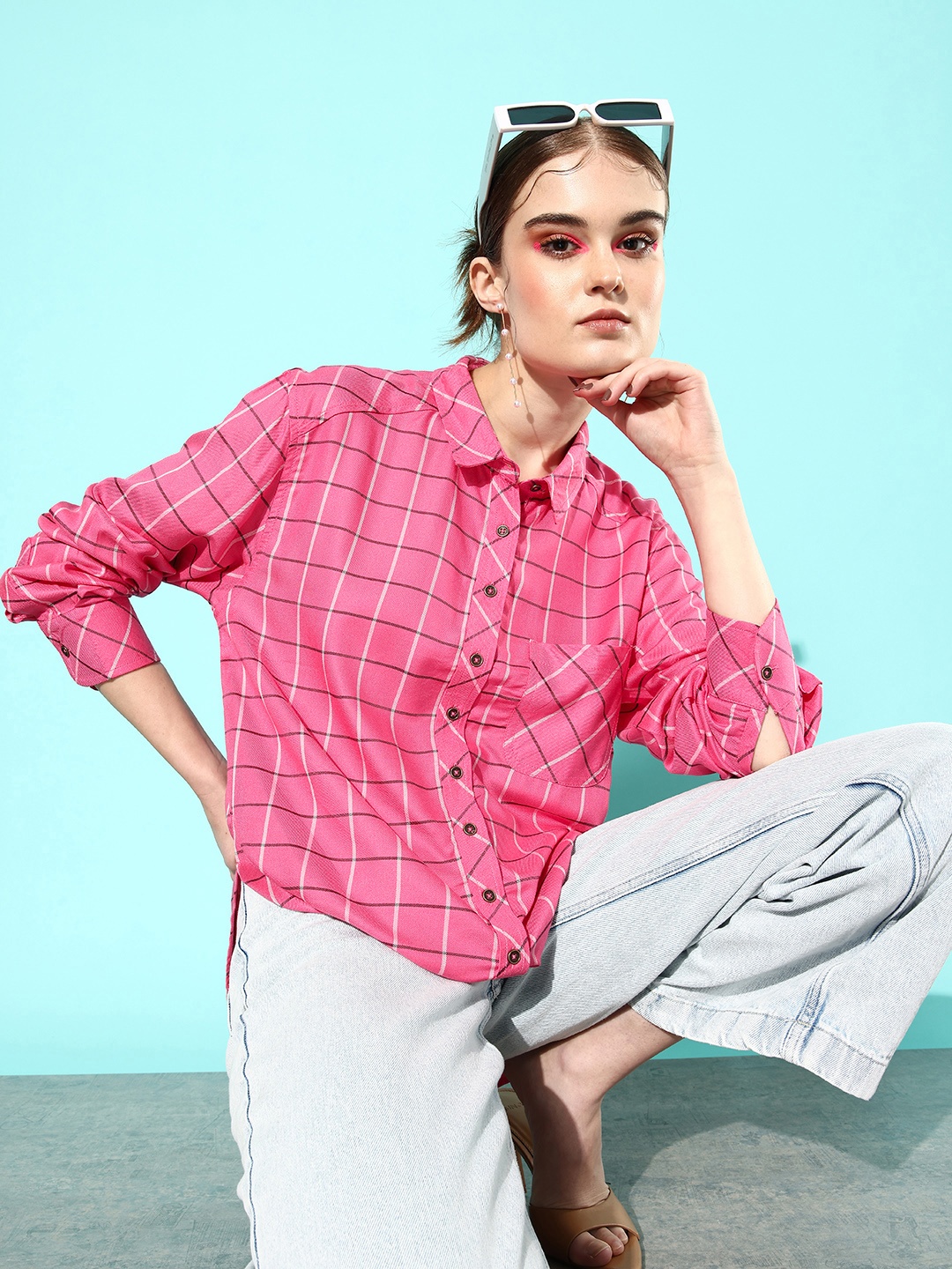 

The Roadster Lifestyle Co. Women Windowpane Checks Oversized Casual Shirt, Pink
