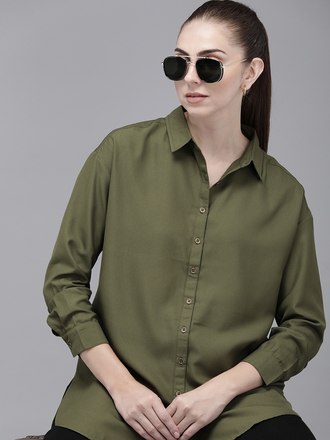 

The Roadster Lifestyle Co. Women Solid Boxy Opaque Casual Shirt, Olive