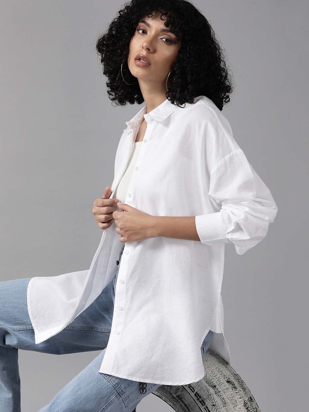 

The Roadster Lifestyle Co. Cotton-Linen Drop-Shoulder Sleeves Oversized Casual Shirt, White