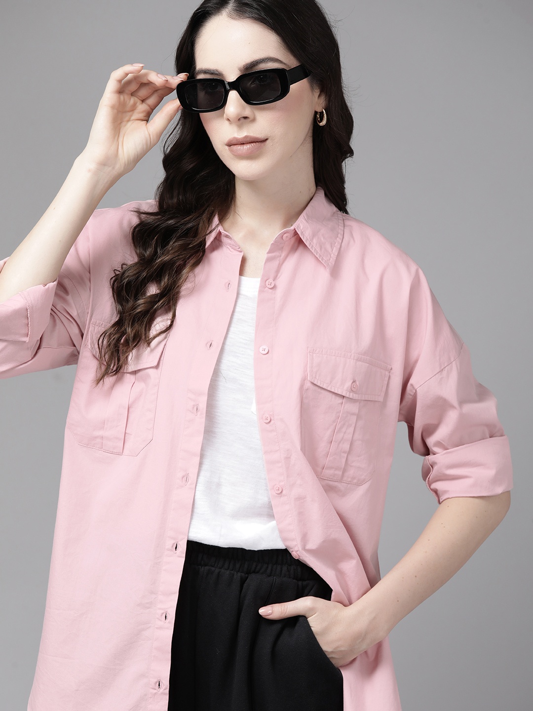

The Roadster Lifestyle Co. Cotton Pocket Detail Longline Casual Shirt, Pink