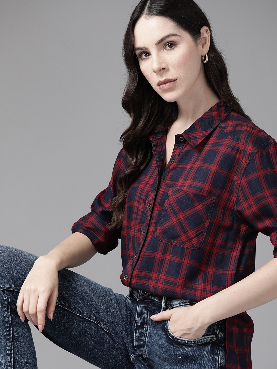 

The Roadster Lifestyle Co. Pocket Detail Tartan Checks Casual Shirt, Navy blue