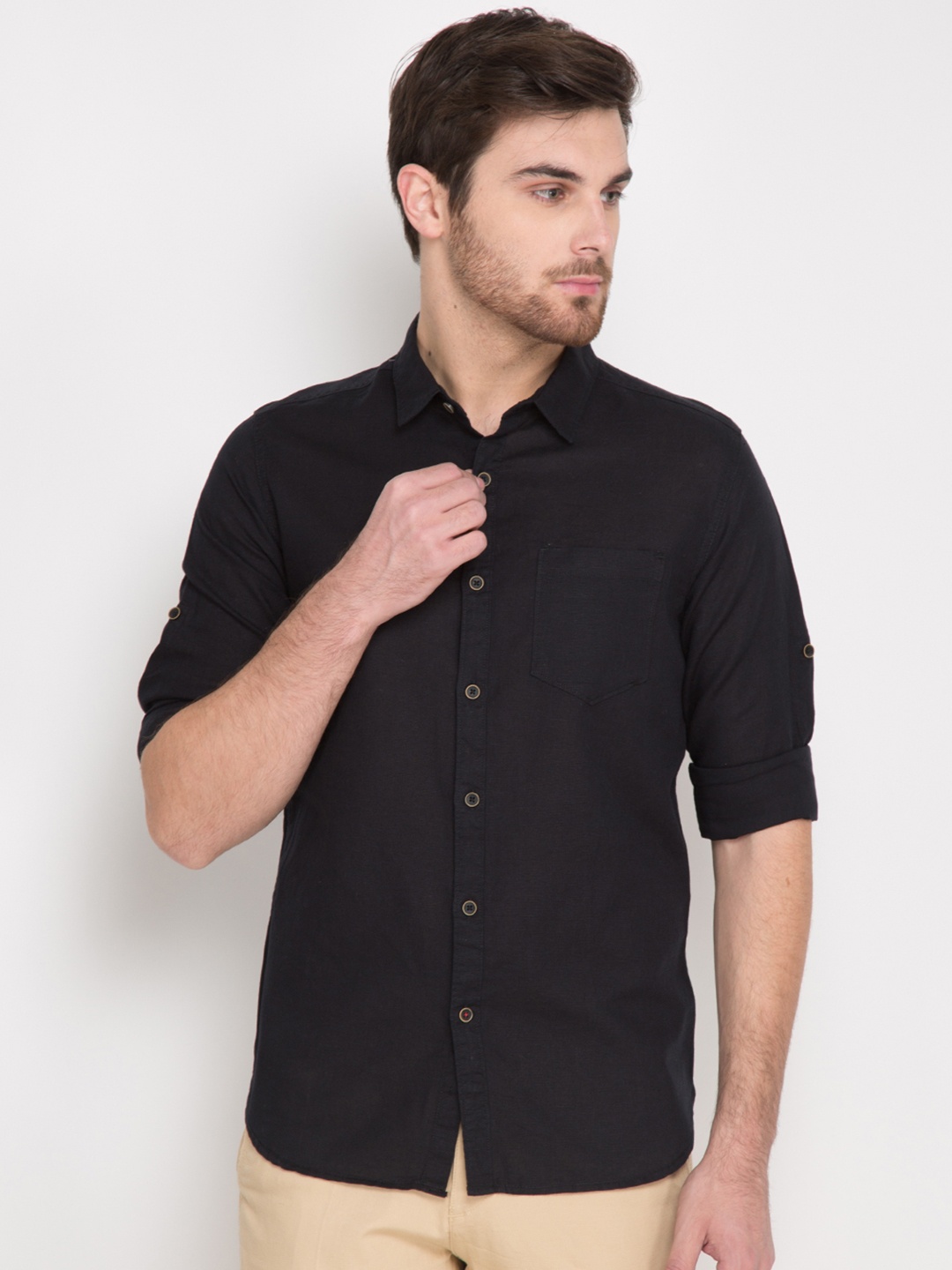 

LOCOMOTIVE Men Black Slim Fit Linen Casual Shirt