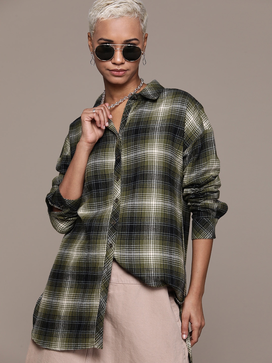 

The Roadster Lifestyle Co. Checked Drop-Shoulder Sleeves Pure Cotton Longline Casual Shirt, Olive