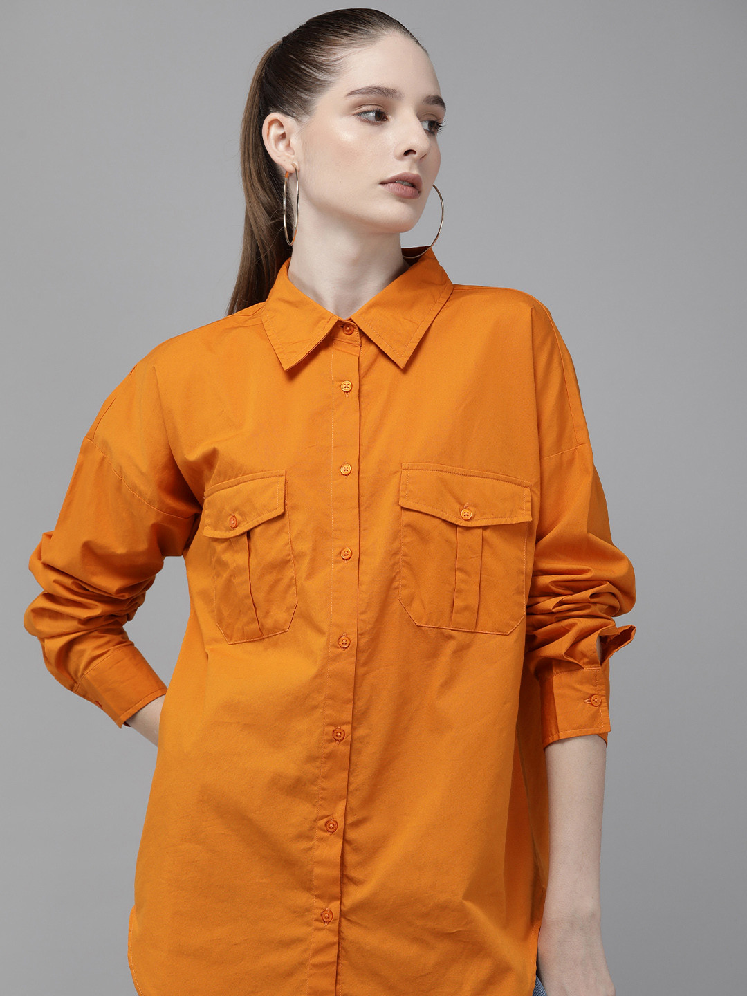 

The Roadster Life Co. Solid Pure Cotton Oversized Longline Casual Shirt, Orange