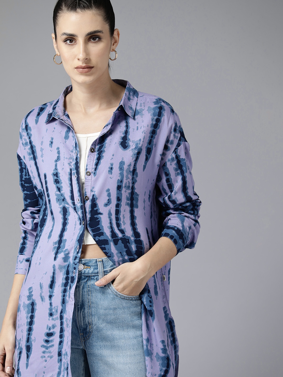 

The Roadster Lifestyle Co. Tie & Dye Dyed Casual Longline Shirt, Purple