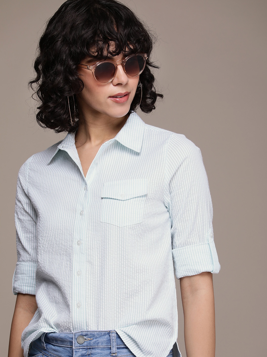 

The Roadster Lifestyle Co. Women Pure Cotton Oversized Striped Casual Shirt, White