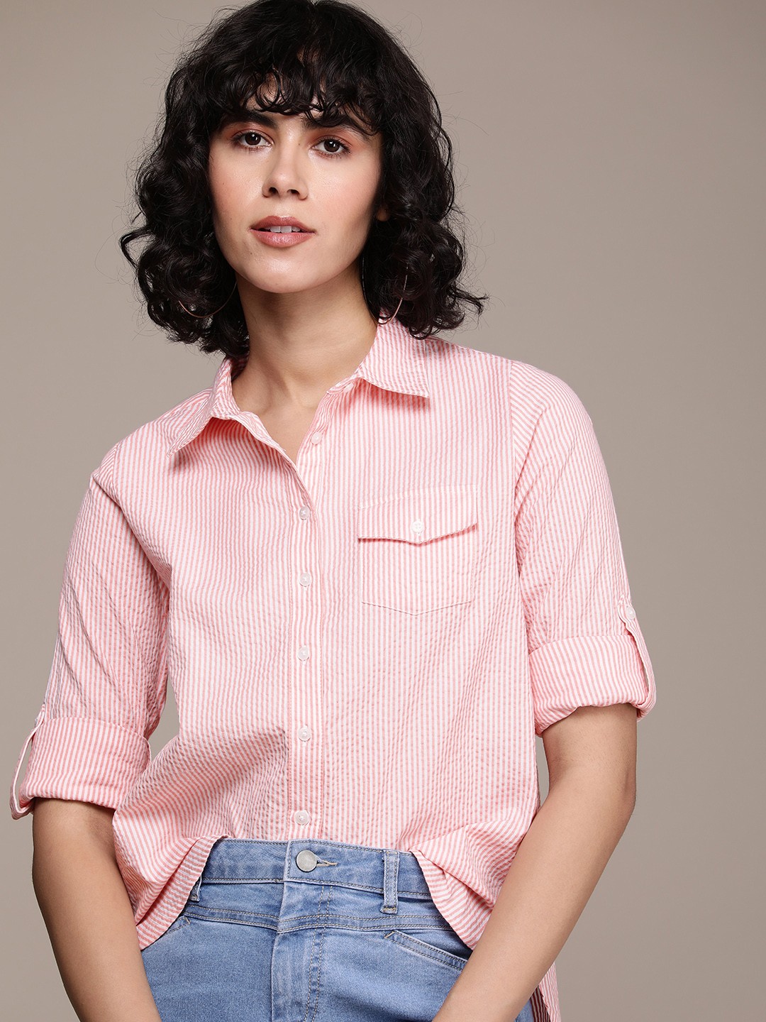 

The Roadster Lifestyle Co. Women Pure Cotton Oversized Striped Casual Shirt, Peach