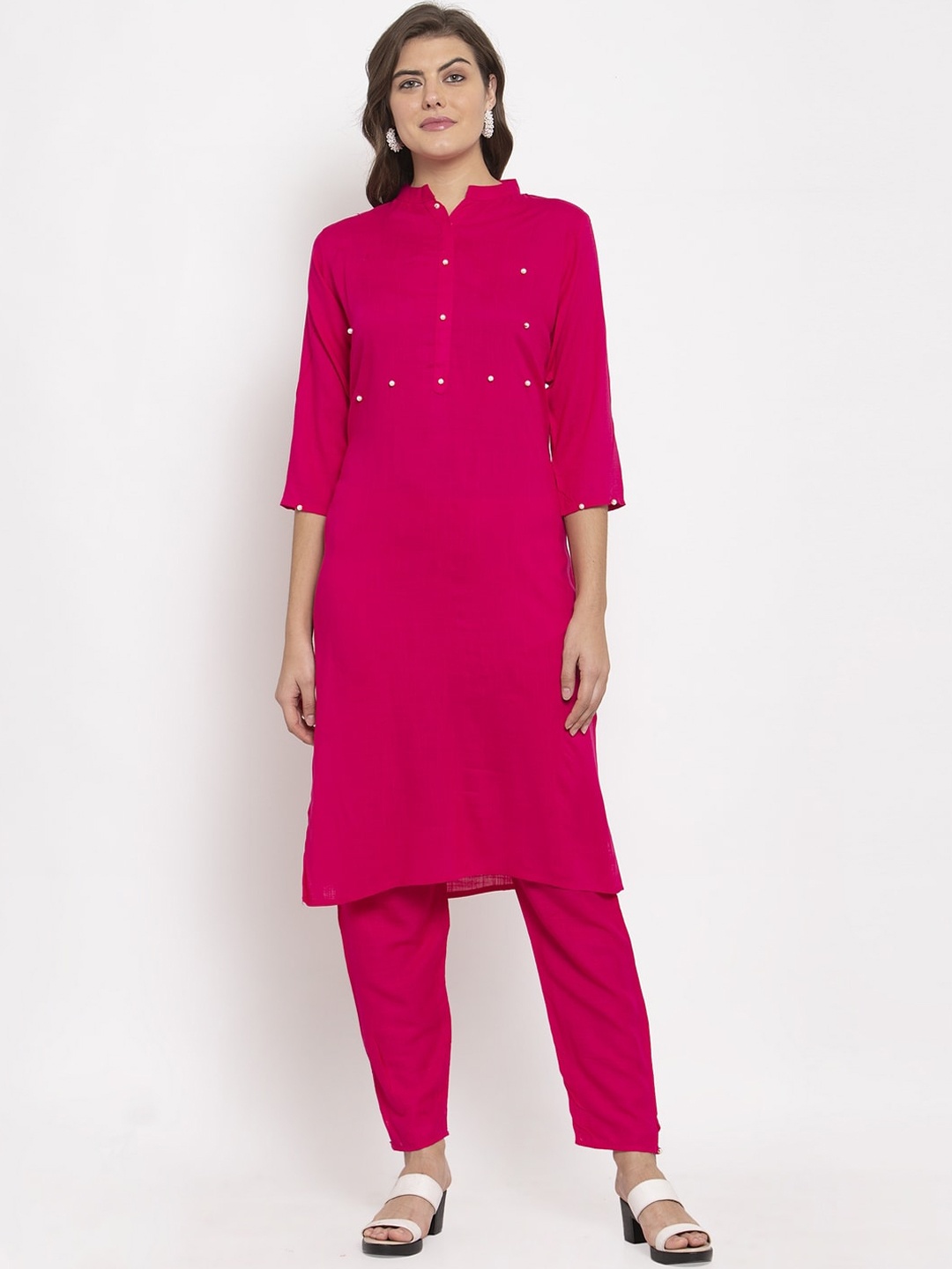 

SOUNDARYA Women Pink Beads and Stones Detailed Kurta with Trousers