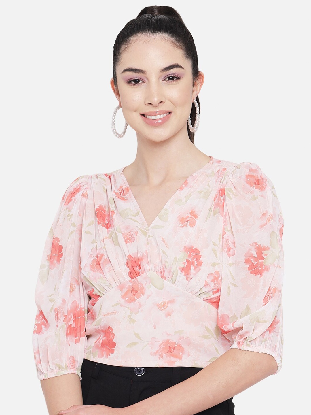 

Orchid Blues Off White & Peach-Coloured Floral Print Georgette Wrap Top
