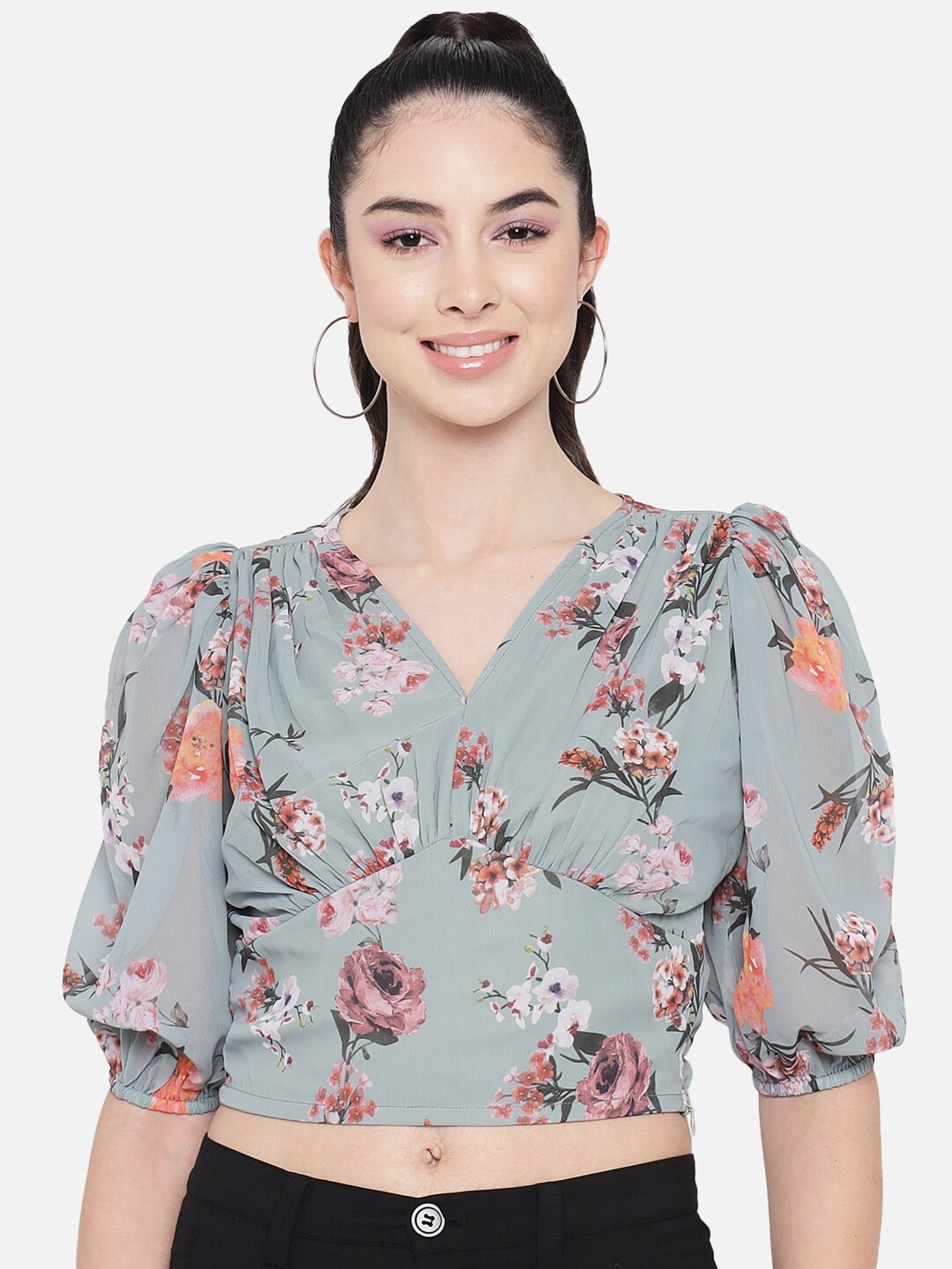 

Orchid Blues Women Green Floral Print Georgette Fitted Crop Top