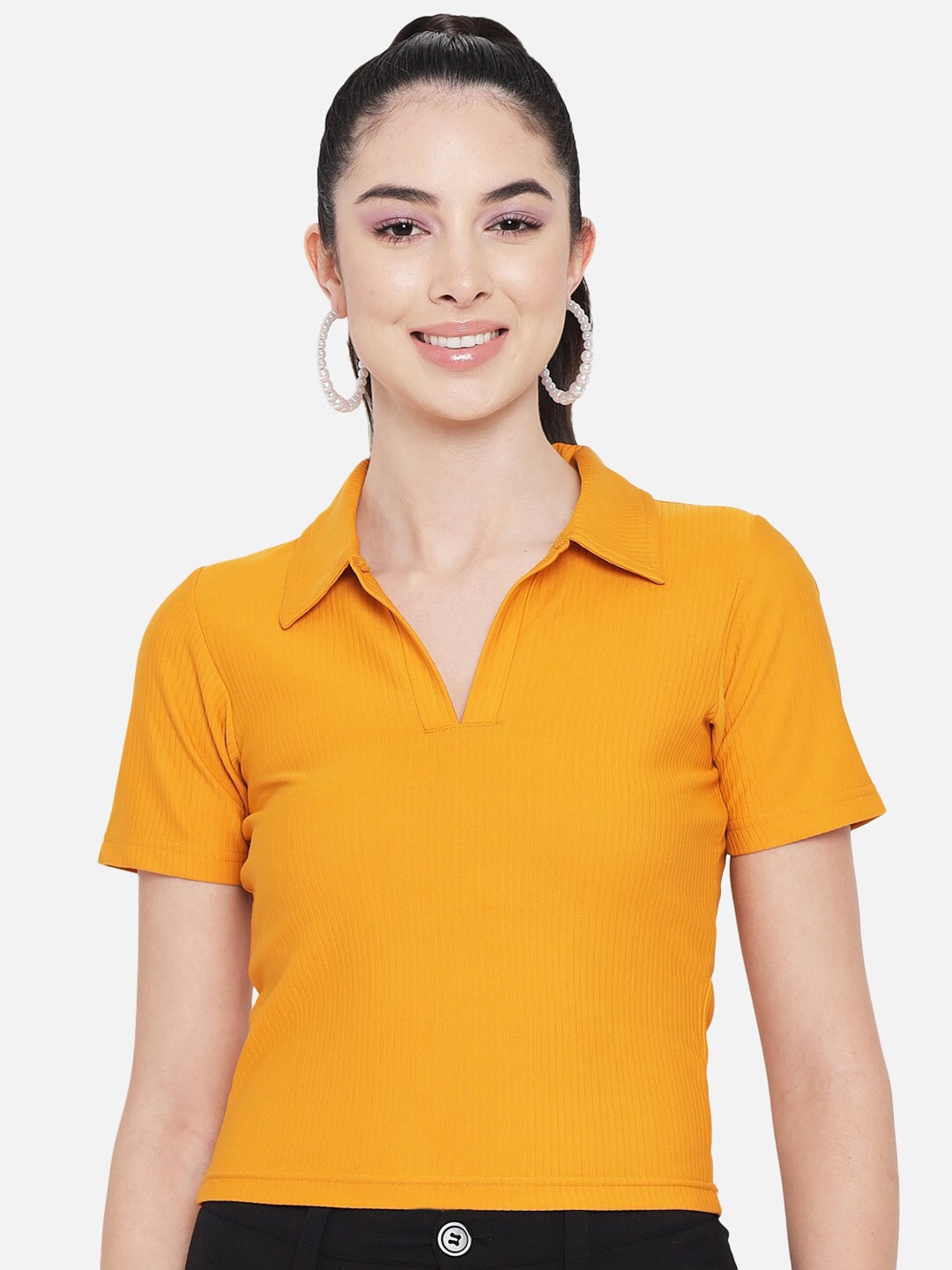 

Orchid Blues Women Mustard Yellow Shirt Style Crop Top